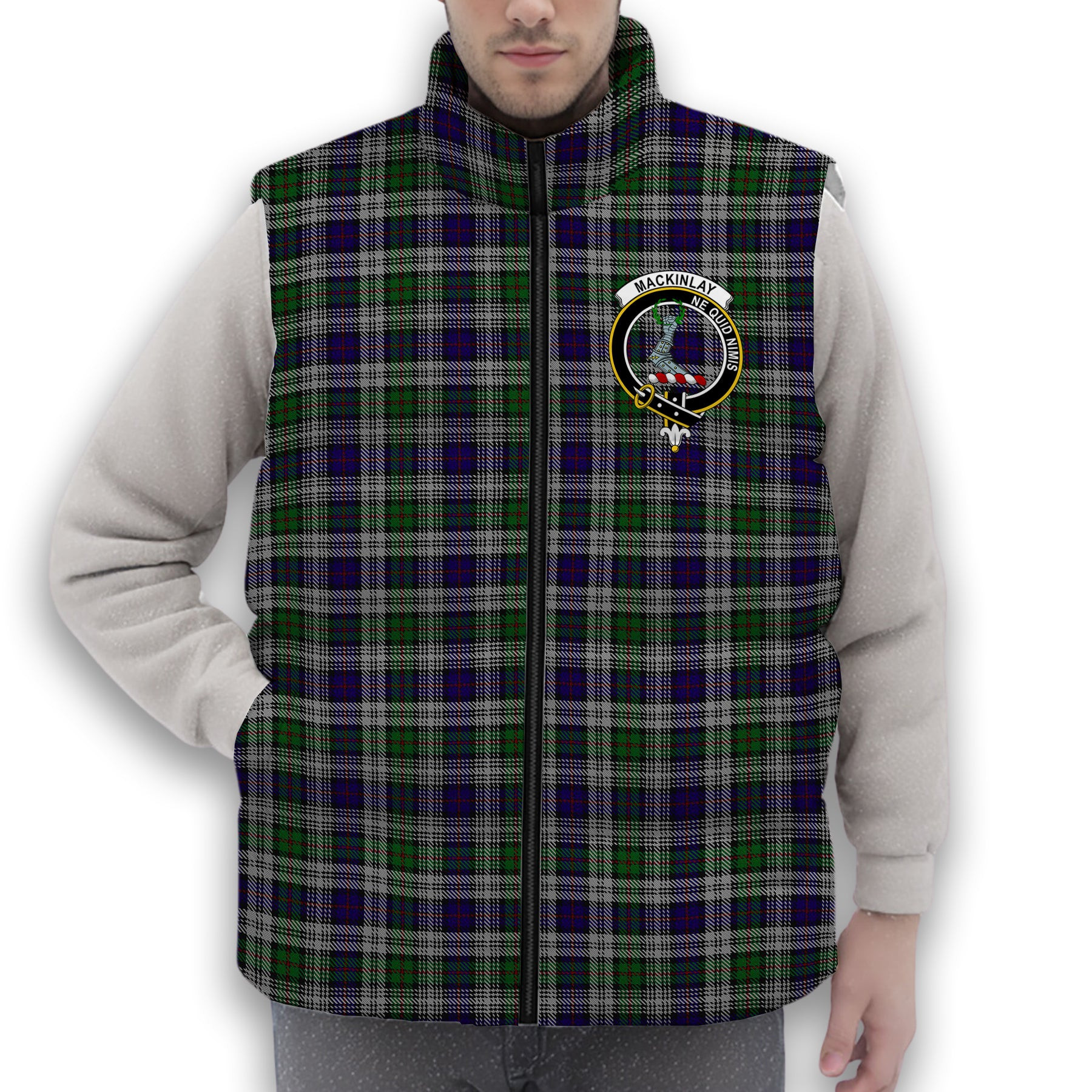ScotsTee Shop Scottish MacKinlay Dress Crest Tartan Puffer Vest Winter White Duck Down Vest Sleeveless