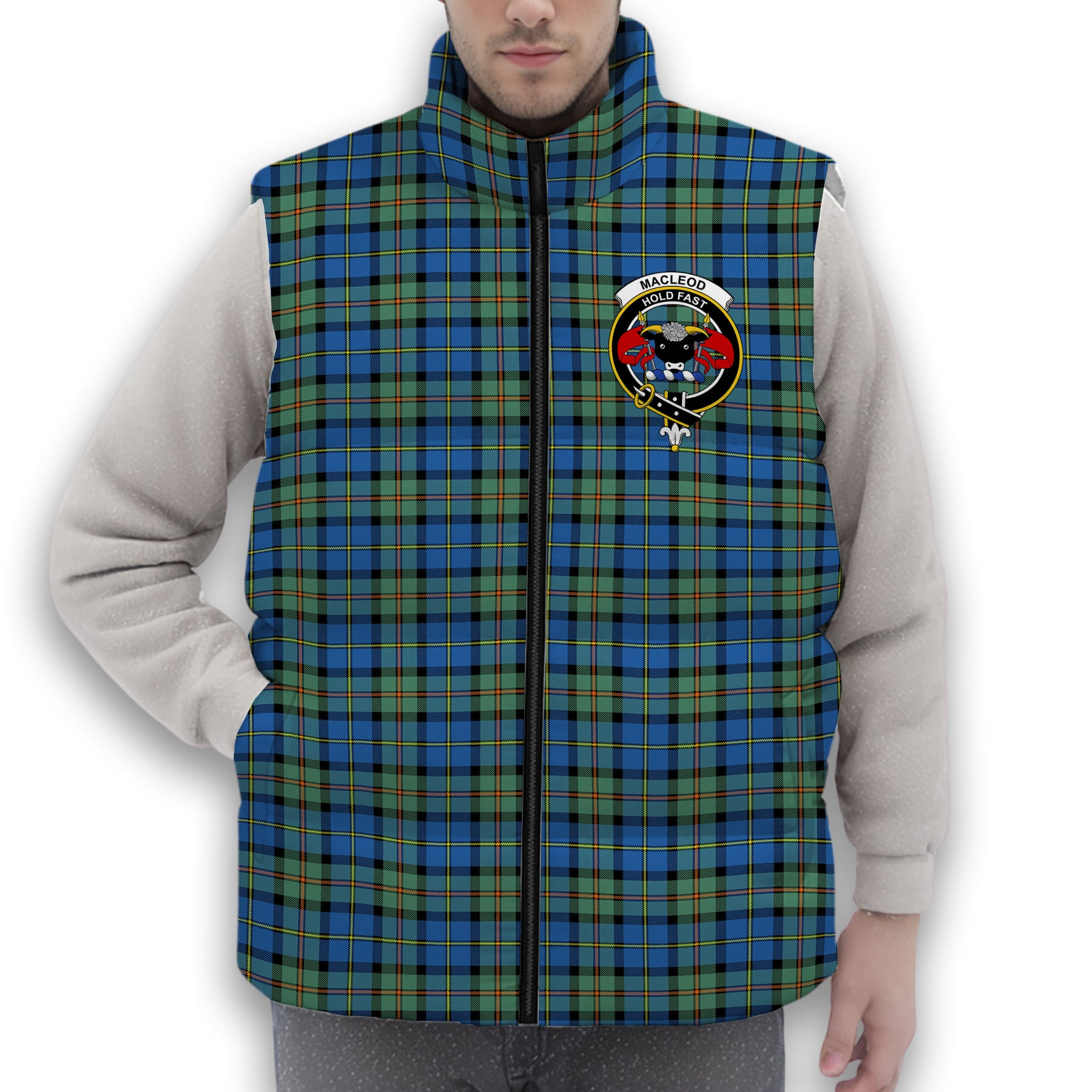 ScotsTee Shop Scottish MacLeod of Harris Ancient Crest Tartan Puffer Vest Winter White Duck Down Vest Sleeveless