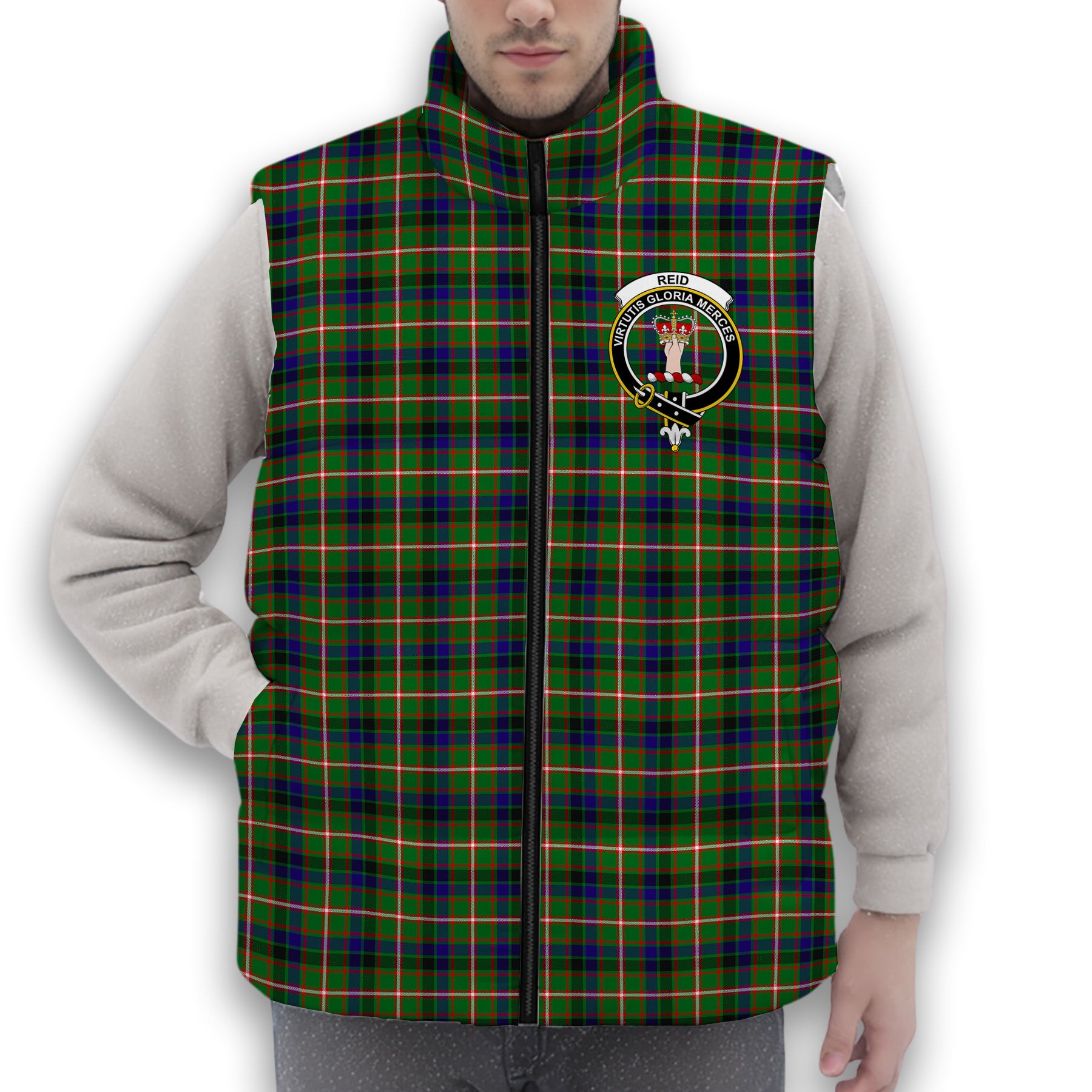 ScotsTee Shop Scottish Reid Green SC Crest Tartan Puffer Vest Winter White Duck Down Vest Sleeveless