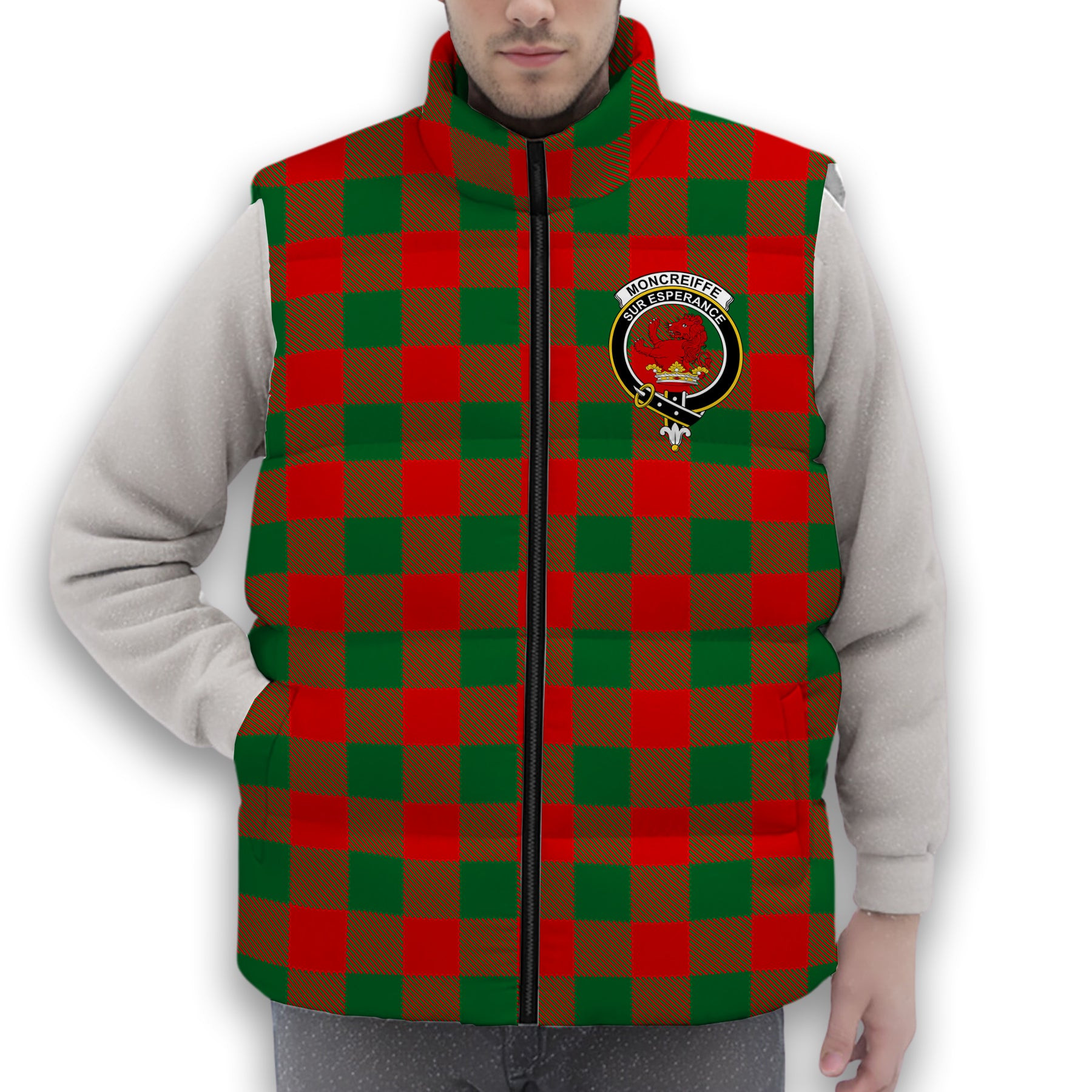 ScotsTee Shop Scottish Moncreiffe Modern Crest Tartan Puffer Vest Winter White Duck Down Vest Sleeveless