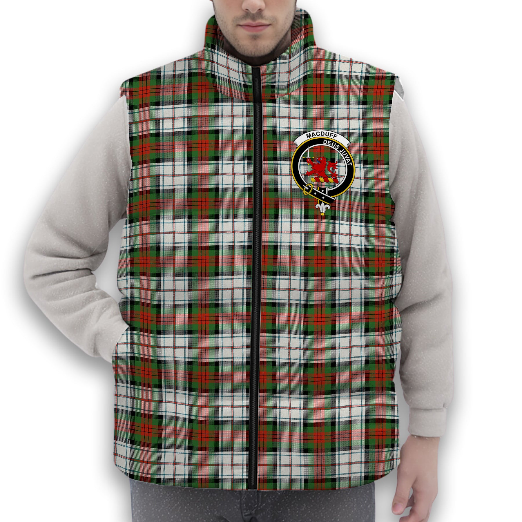 ScotsTee Shop Scottish MacDuff Dress Ancient Crest Tartan Puffer Vest Winter White Duck Down Vest Sleeveless