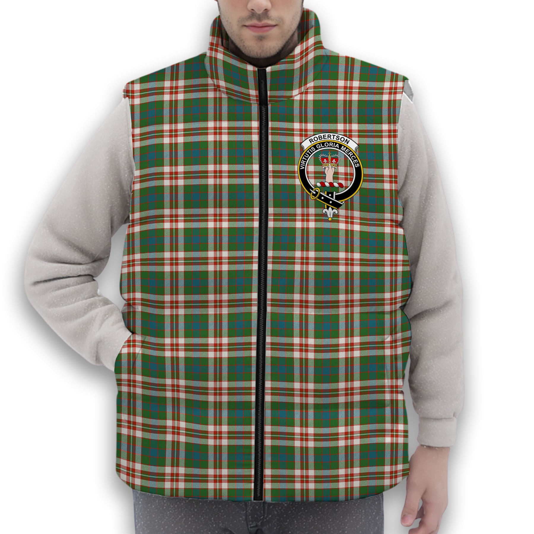 ScotsTee Shop Scottish Robertson Dress Ancient Crest Tartan Puffer Vest Winter White Duck Down Vest Sleeveless