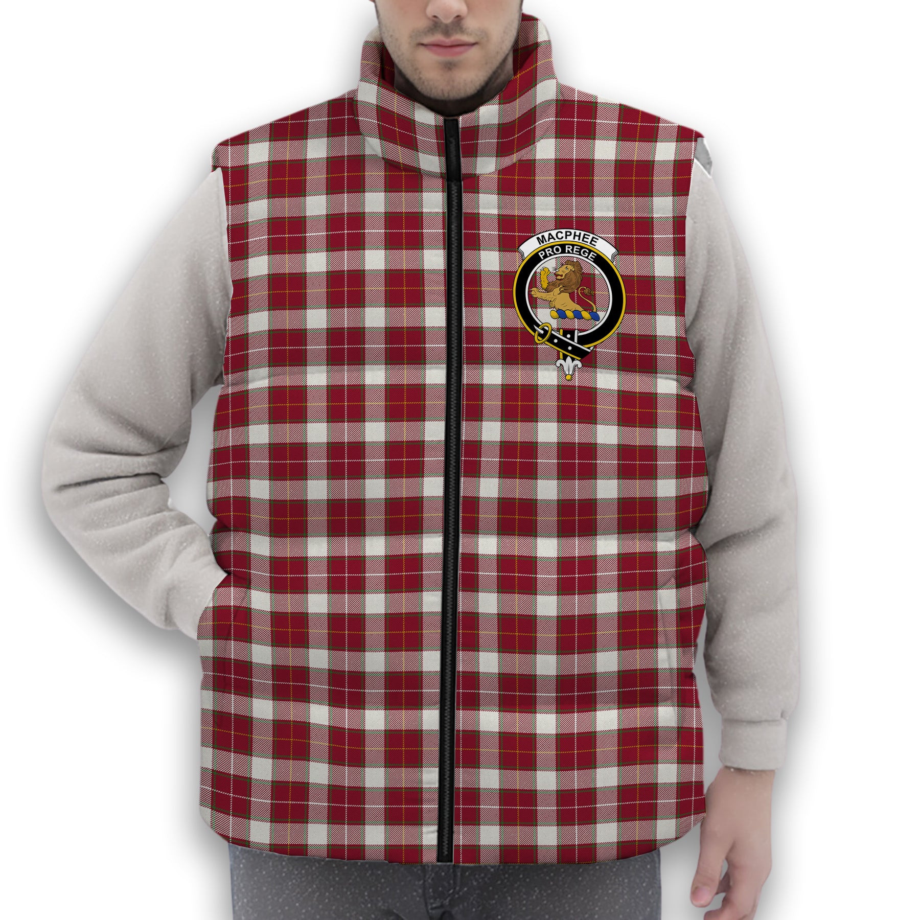 ScotsTee Shop Scottish MacPhee Dress Modern Crest Tartan Puffer Vest Winter White Duck Down Vest Sleeveless