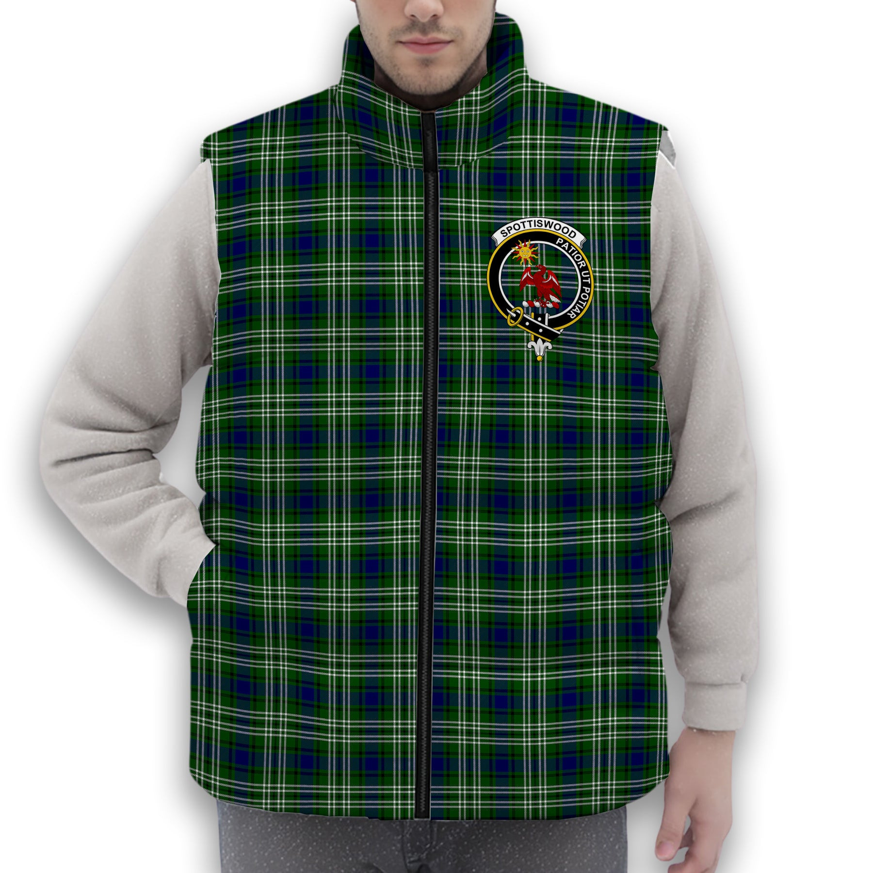 ScotsTee Shop Scottish Spottiswood Crest Tartan Puffer Vest Winter White Duck Down Vest Sleeveless