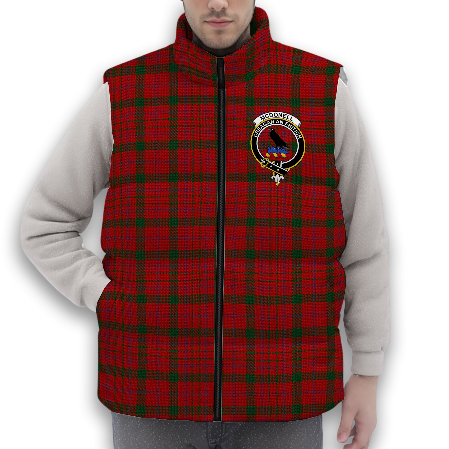 ScotsTee Shop Scottish McDonell of Keppoch Modern Crest Tartan Puffer Vest Winter White Duck Down Vest Sleeveless