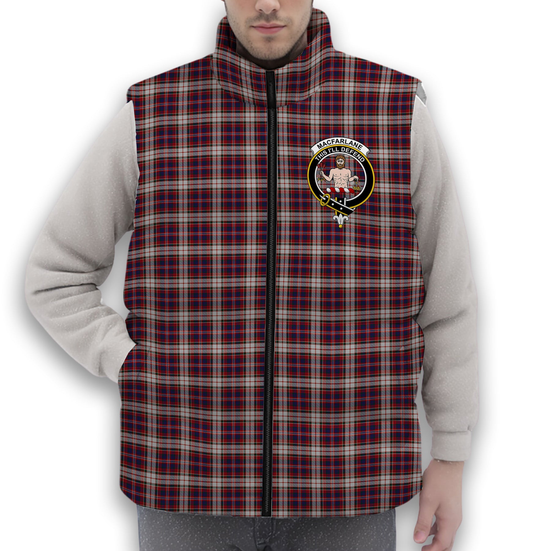 ScotsTee Shop Scottish MacFarlane Dress Crest Tartan Puffer Vest Winter White Duck Down Vest Sleeveless