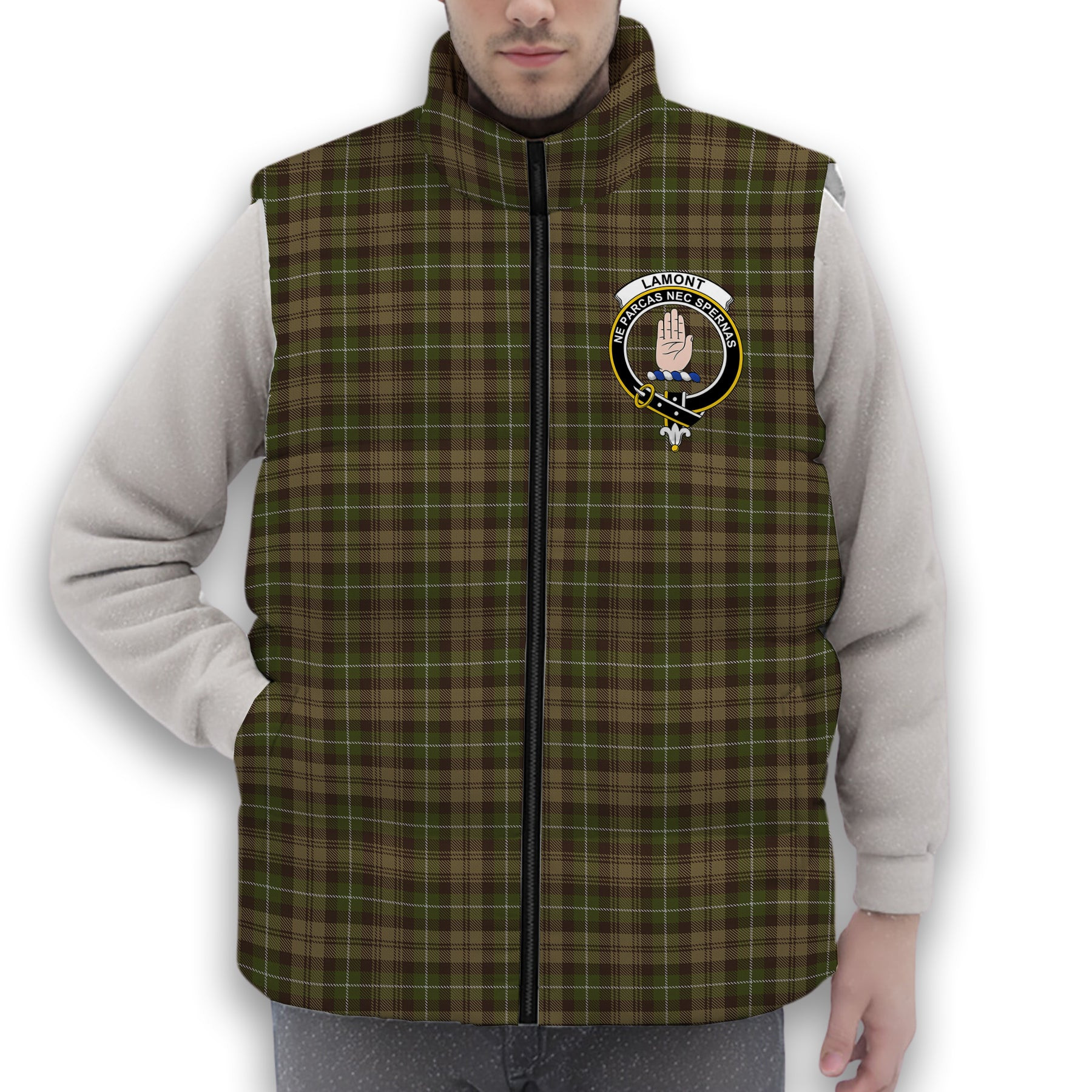 ScotsTee Shop Scottish Lamont Heather Crest Tartan Puffer Vest Winter White Duck Down Vest Sleeveless