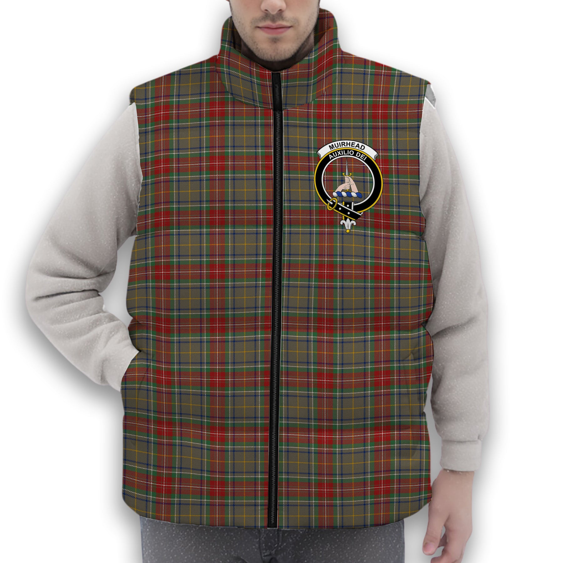 ScotsTee Shop Scottish Muirhead Hunting Modern Crest Tartan Puffer Vest Winter White Duck Down Vest Sleeveless