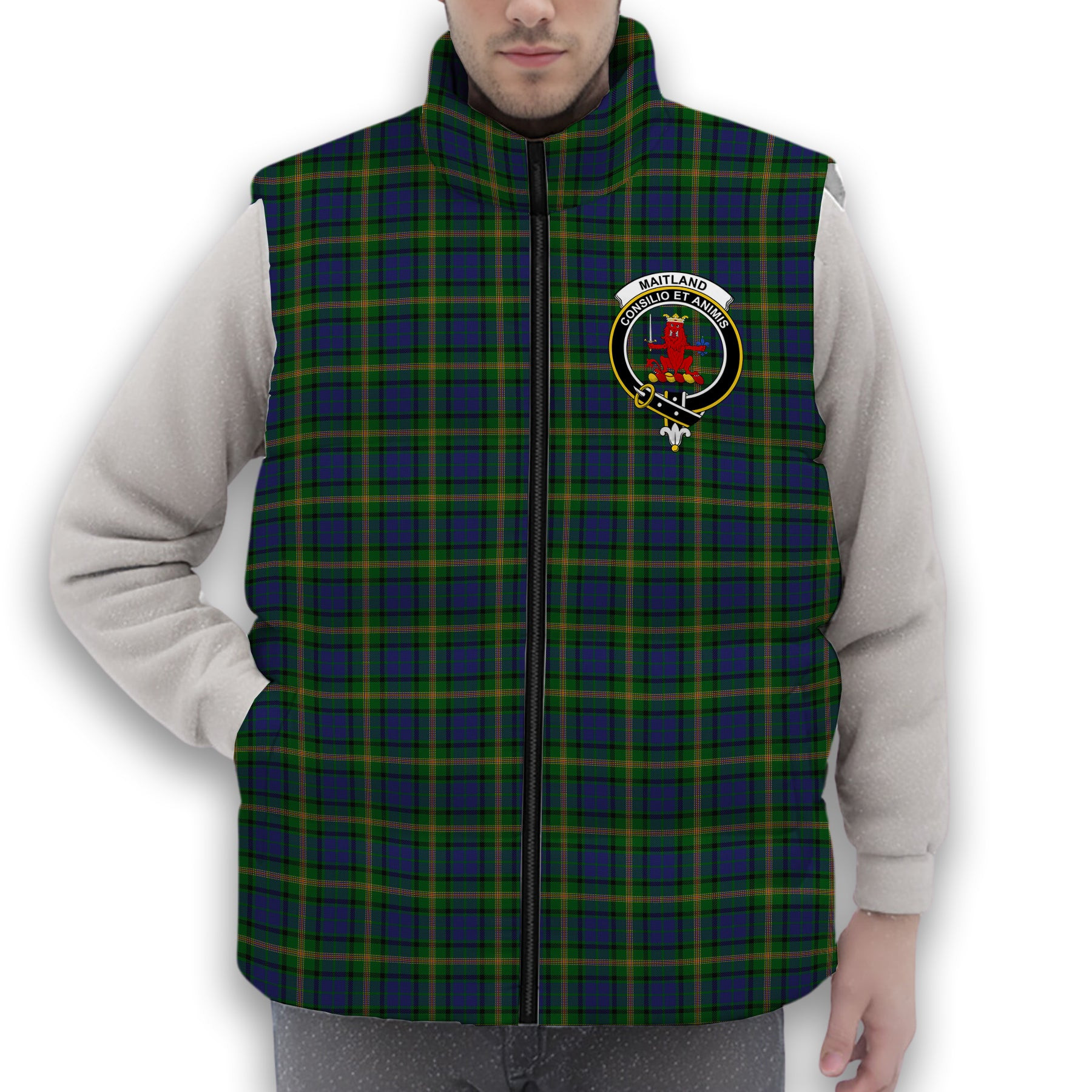 ScotsTee Shop Scottish Maitland Chief Crest Tartan Puffer Vest Winter White Duck Down Vest Sleeveless