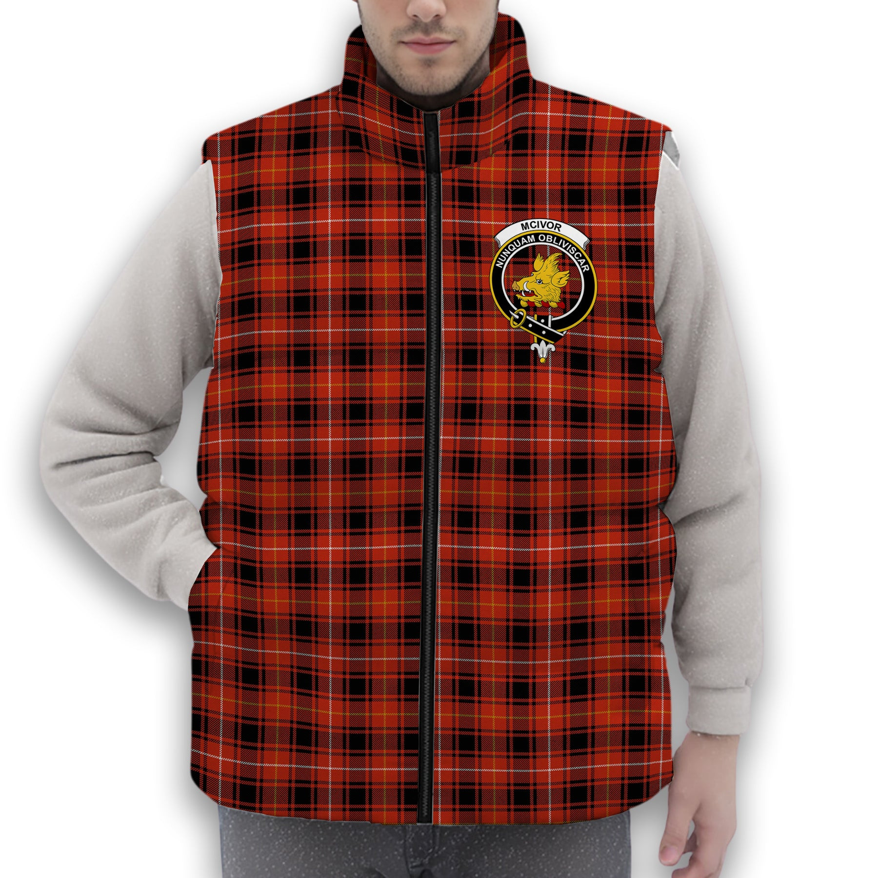ScotsTee Shop Scottish McIvor Ancient Crest Tartan Puffer Vest Winter White Duck Down Vest Sleeveless