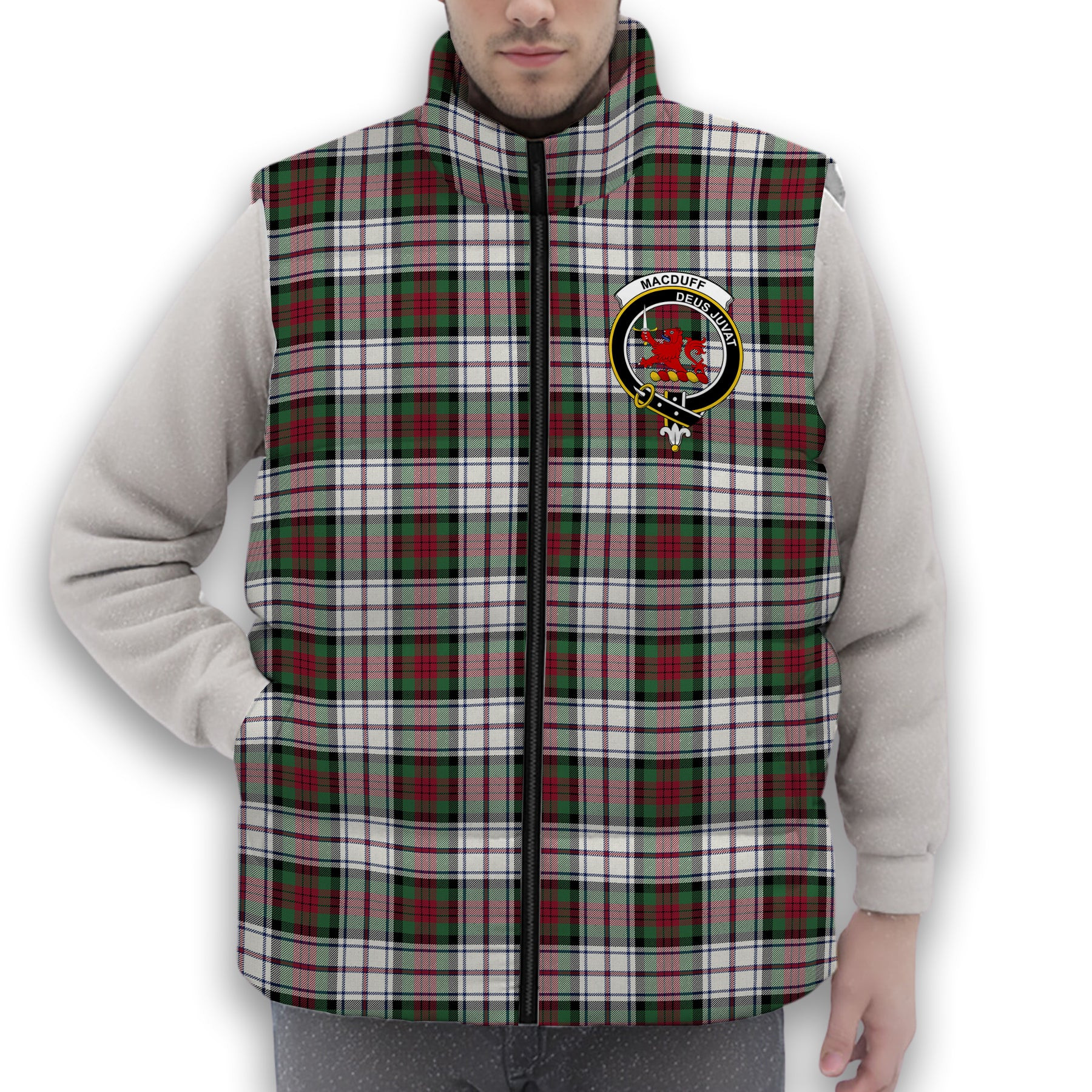 ScotsTee Shop Scottish MacDuff Dress Modern Crest Tartan Puffer Vest Winter White Duck Down Vest Sleeveless