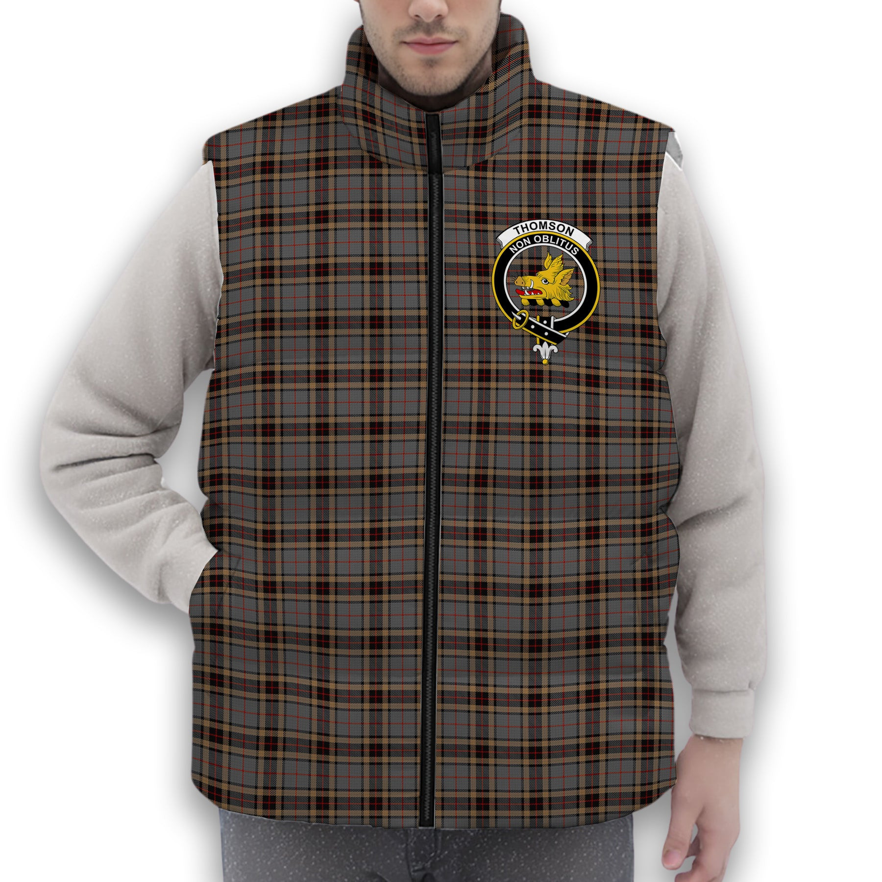 ScotsTee Shop Scottish Thomson special grey Crest Tartan Puffer Vest Winter White Duck Down Vest Sleeveless