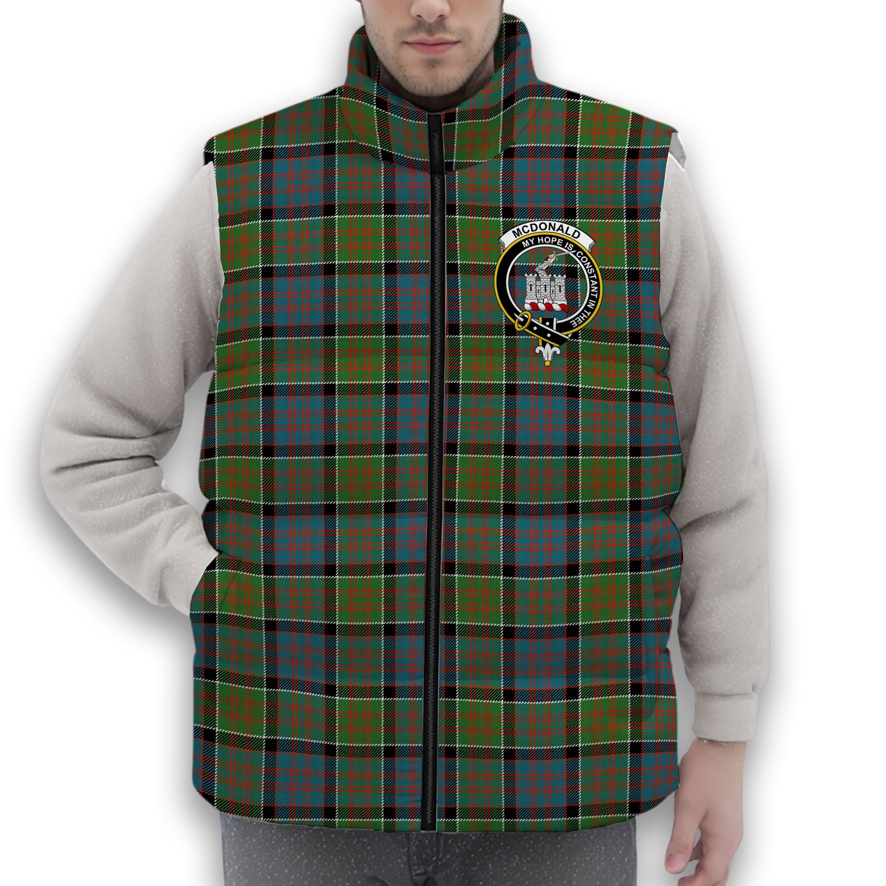 ScotsTee Shop Scottish McDonald of Clan Ranald Ancient Crest Tartan Puffer Vest Winter White Duck Down Vest Sleeveless