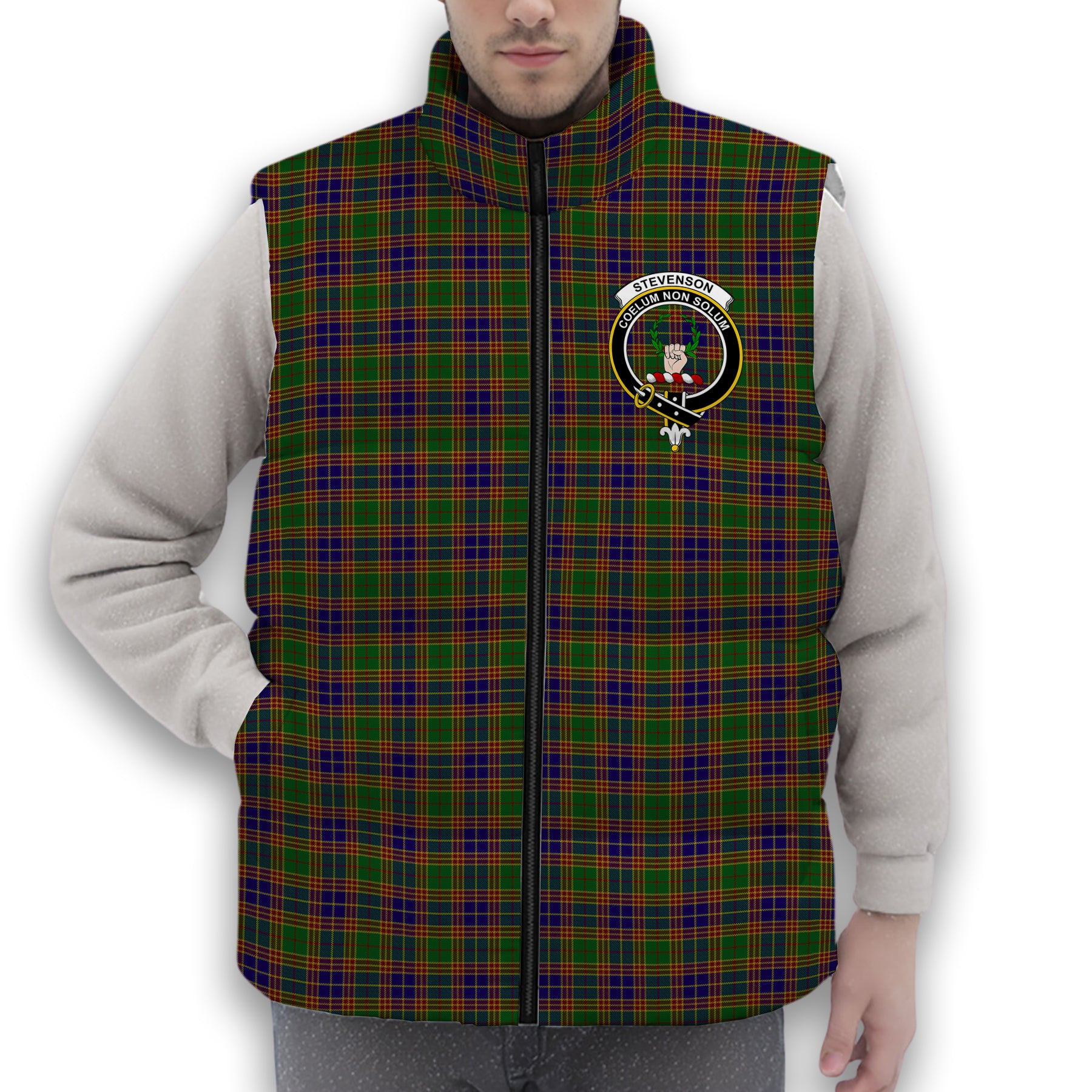 ScotsTee Shop Scottish Stevenson Personal Crest Tartan Puffer Vest Winter White Duck Down Vest Sleeveless