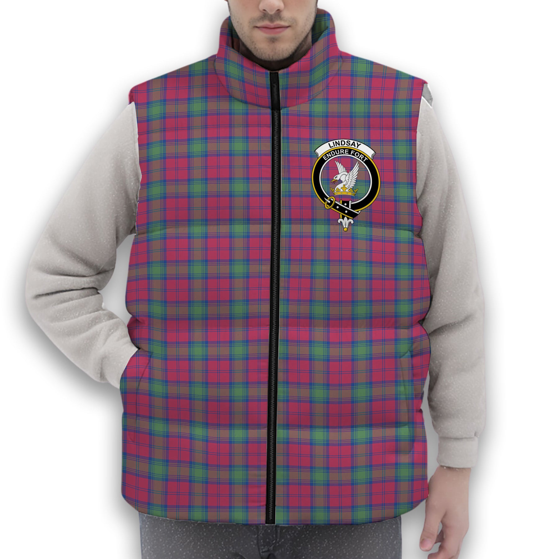 ScotsTee Shop Scottish Lindsay Ancient Crest Tartan Puffer Vest Winter White Duck Down Vest Sleeveless