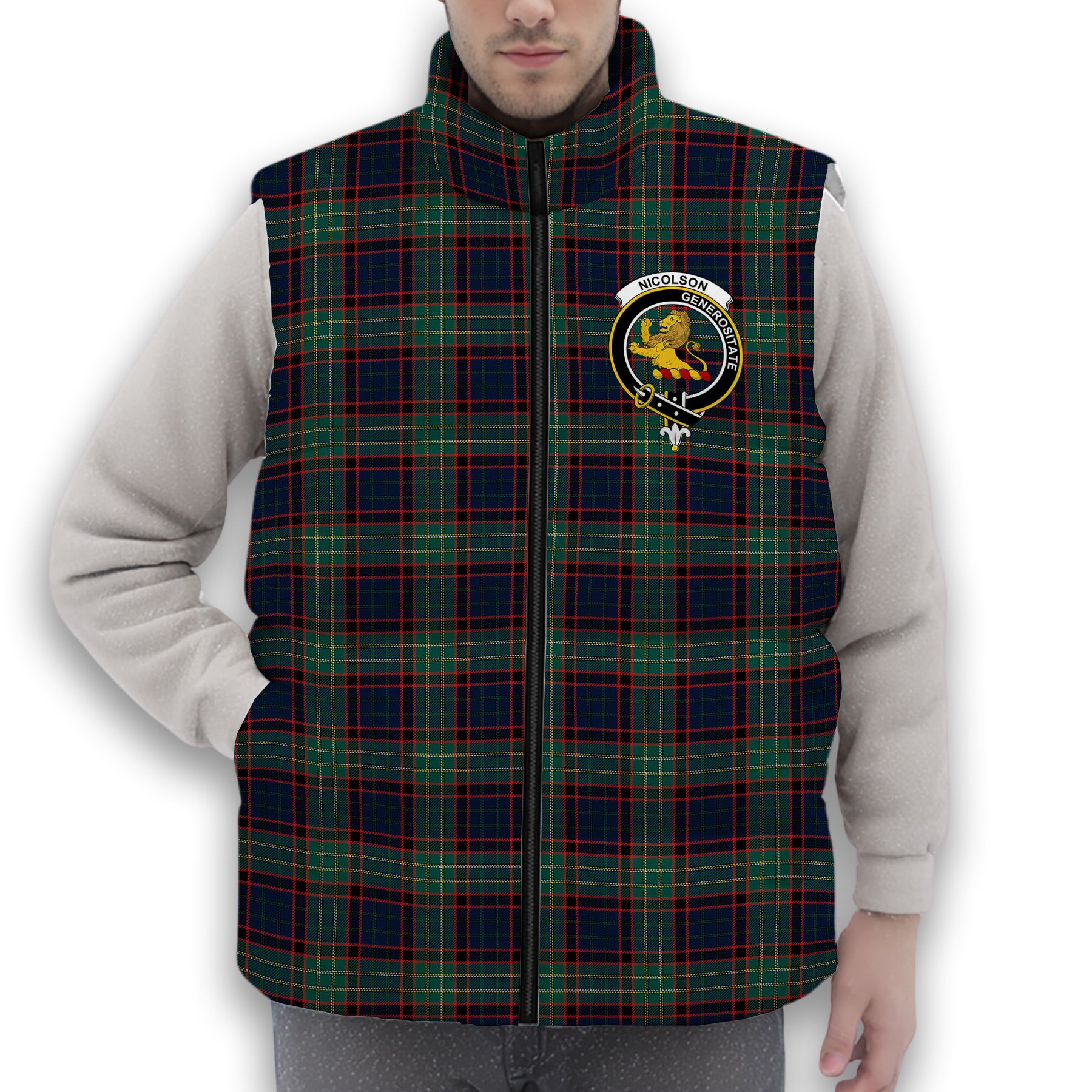 ScotsTee Shop Scottish Nicolson Hunting Modern Crest Tartan Puffer Vest Winter White Duck Down Vest Sleeveless