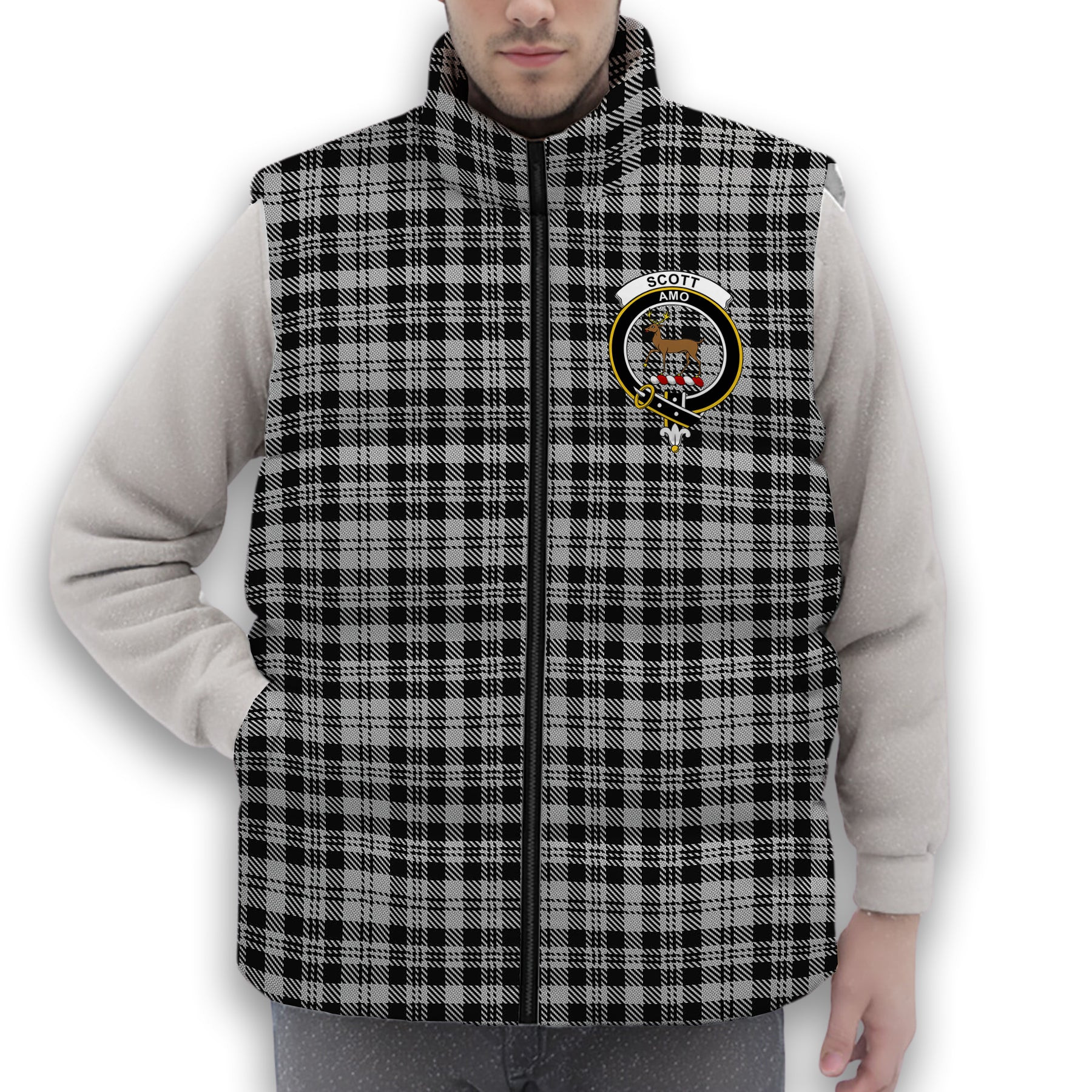 ScotsTee Shop Scottish Scott B&W 1850 Crest Tartan Puffer Vest Winter White Duck Down Vest Sleeveless