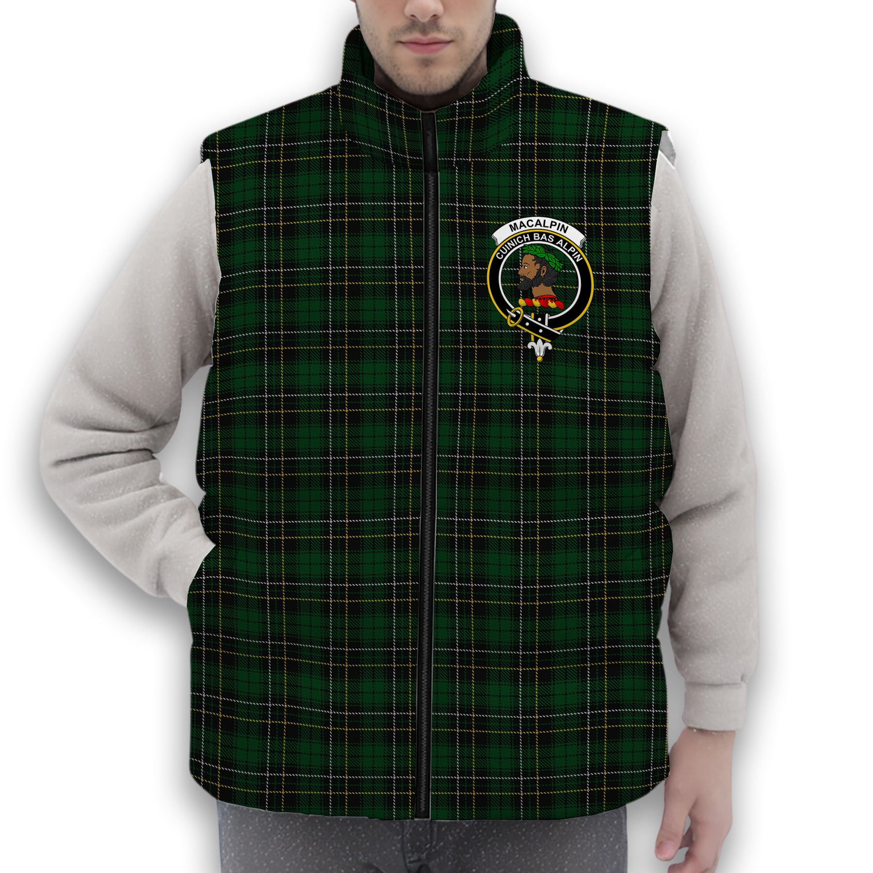 ScotsTee Shop Scottish MacAlpin Crest Tartan Puffer Vest Winter White Duck Down Vest Sleeveless
