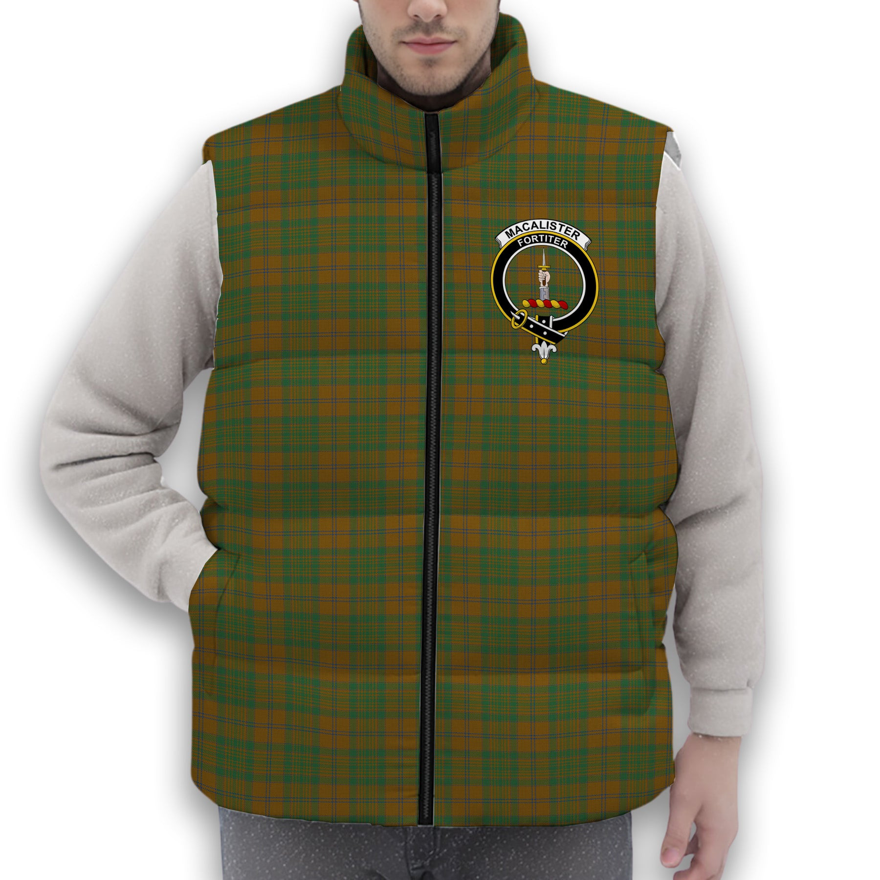ScotsTee Shop Scottish MacAlister of Glenbarr Hunting Modern Crest Tartan Puffer Vest Winter White Duck Down Vest Sleeveless