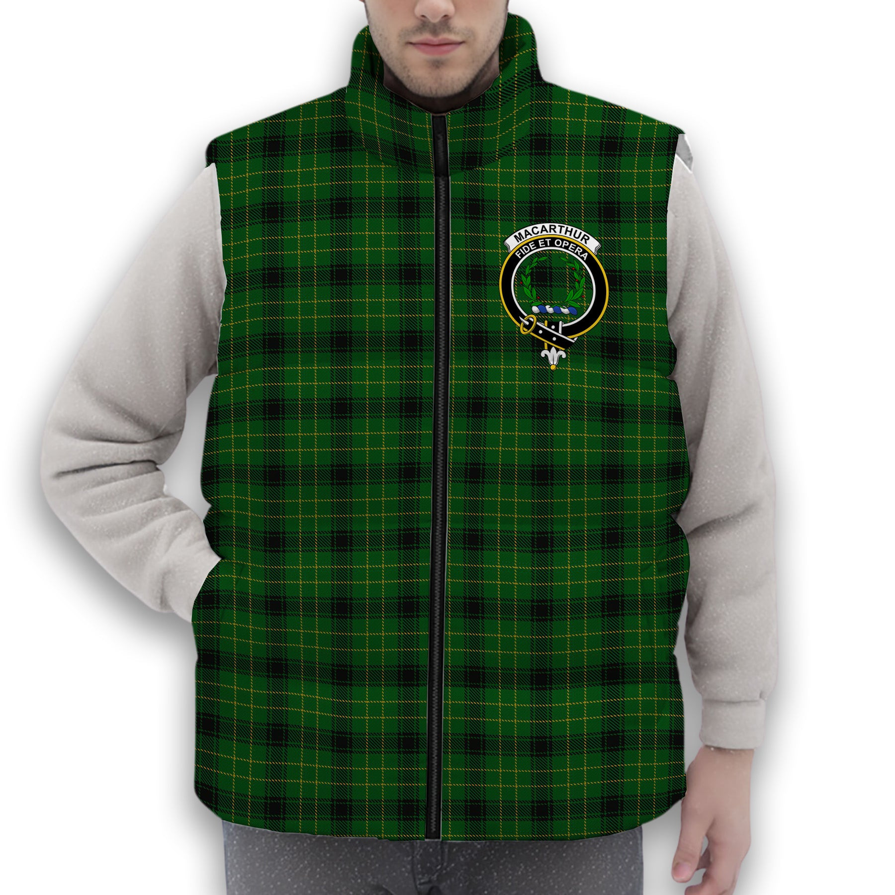 ScotsTee Shop Scottish MacArthur Highland Society Crest Tartan Puffer Vest Winter White Duck Down Vest Sleeveless