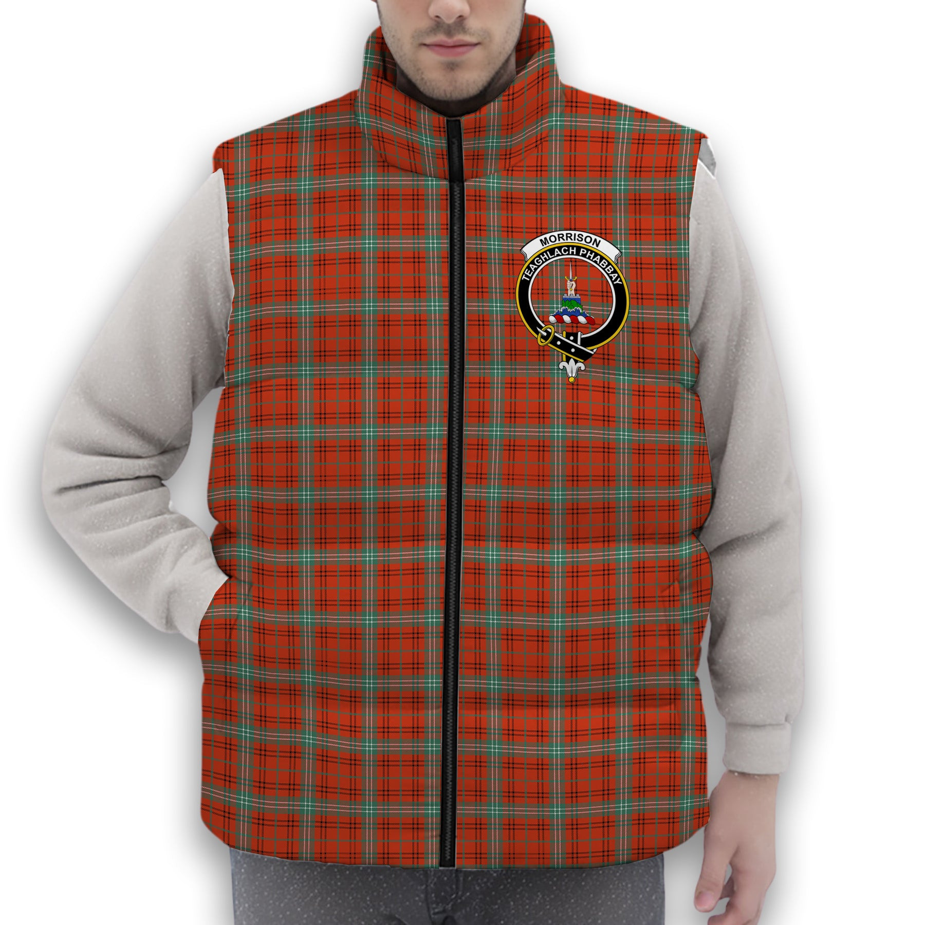 ScotsTee Shop Scottish Morrison Red Ancient Crest Tartan Puffer Vest Winter White Duck Down Vest Sleeveless