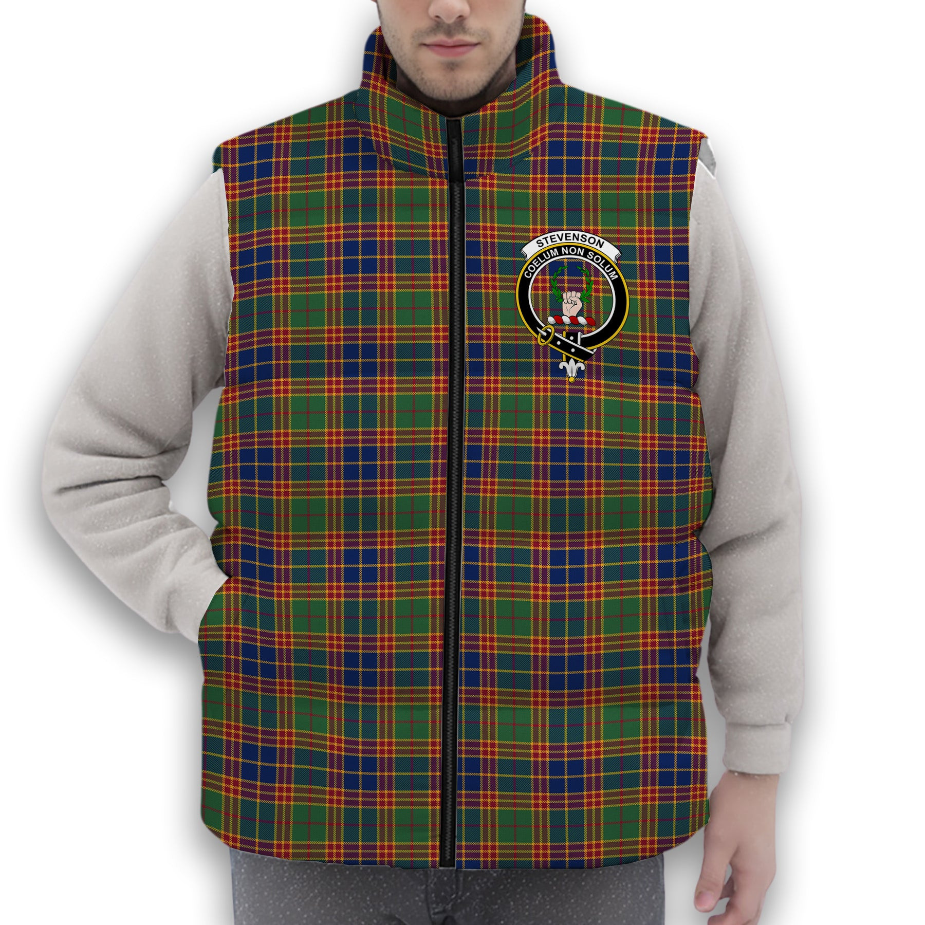 ScotsTee Shop Scottish Stevenson Old Modern Crest Tartan Puffer Vest Winter White Duck Down Vest Sleeveless