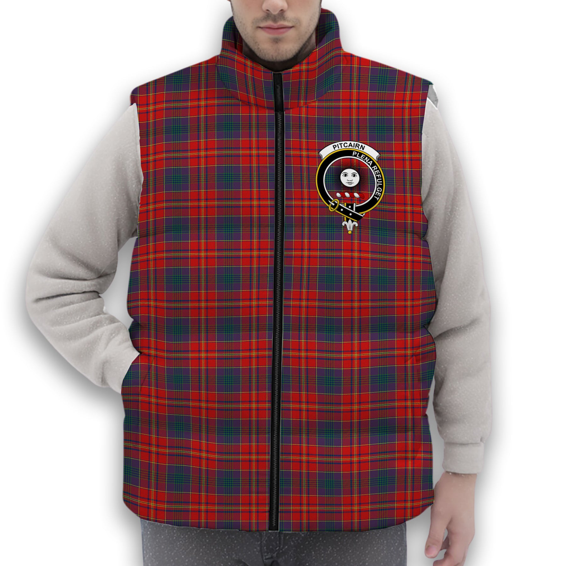 ScotsTee Shop Scottish Pitcairn Heritage Modern Crest Tartan Puffer Vest Winter White Duck Down Vest Sleeveless