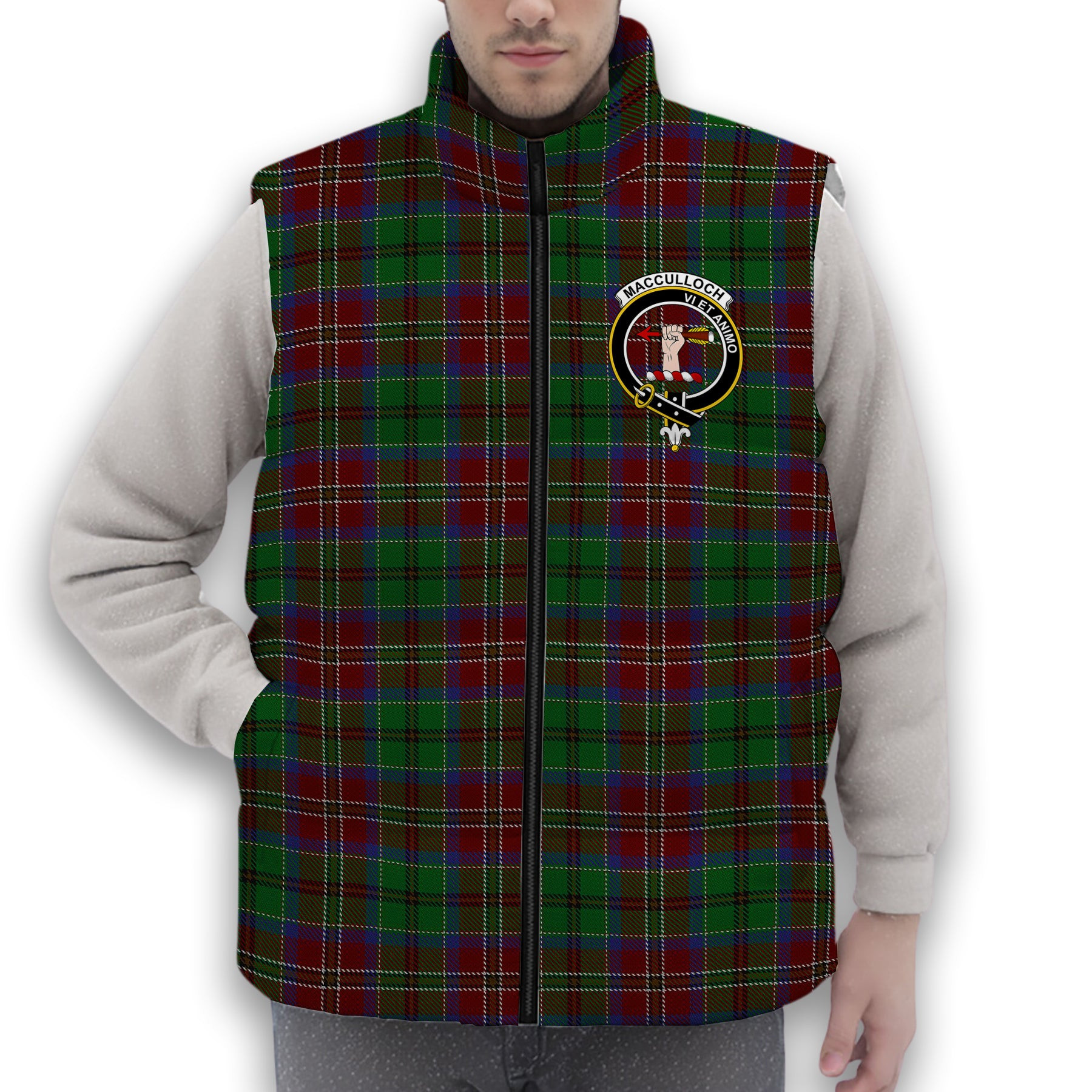 ScotsTee Shop Scottish MacCulloch Crest Tartan Puffer Vest Winter White Duck Down Vest Sleeveless