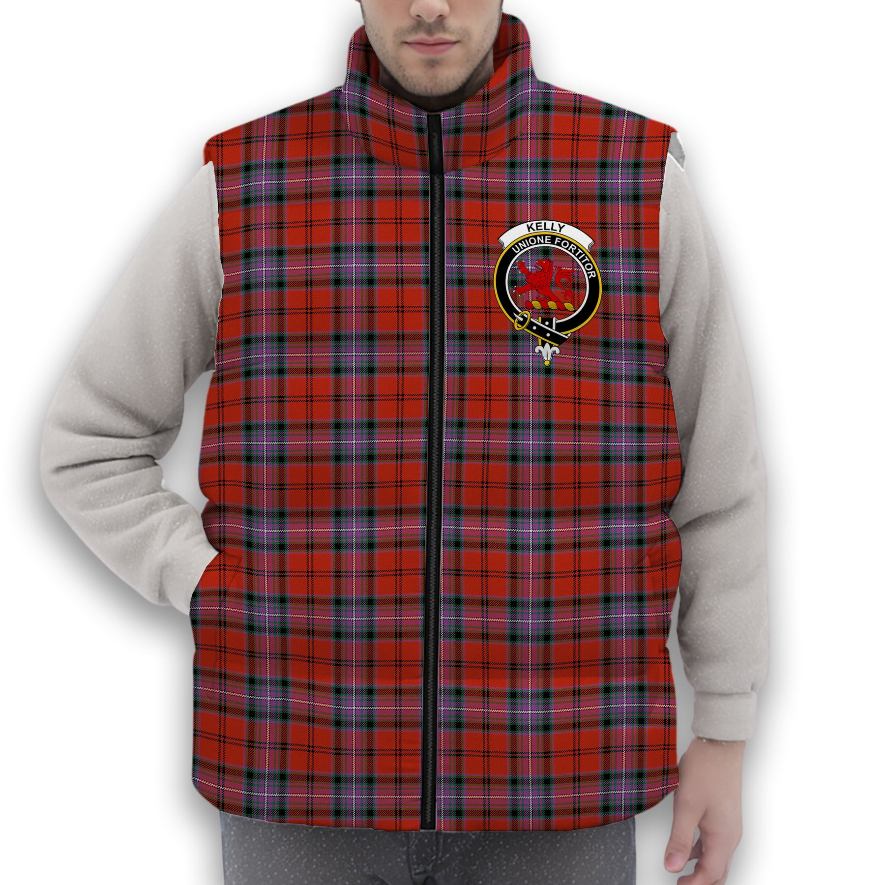 ScotsTee Shop Scottish Kelly of Sleat Red Ancient Crest Tartan Puffer Vest Winter White Duck Down Vest Sleeveless