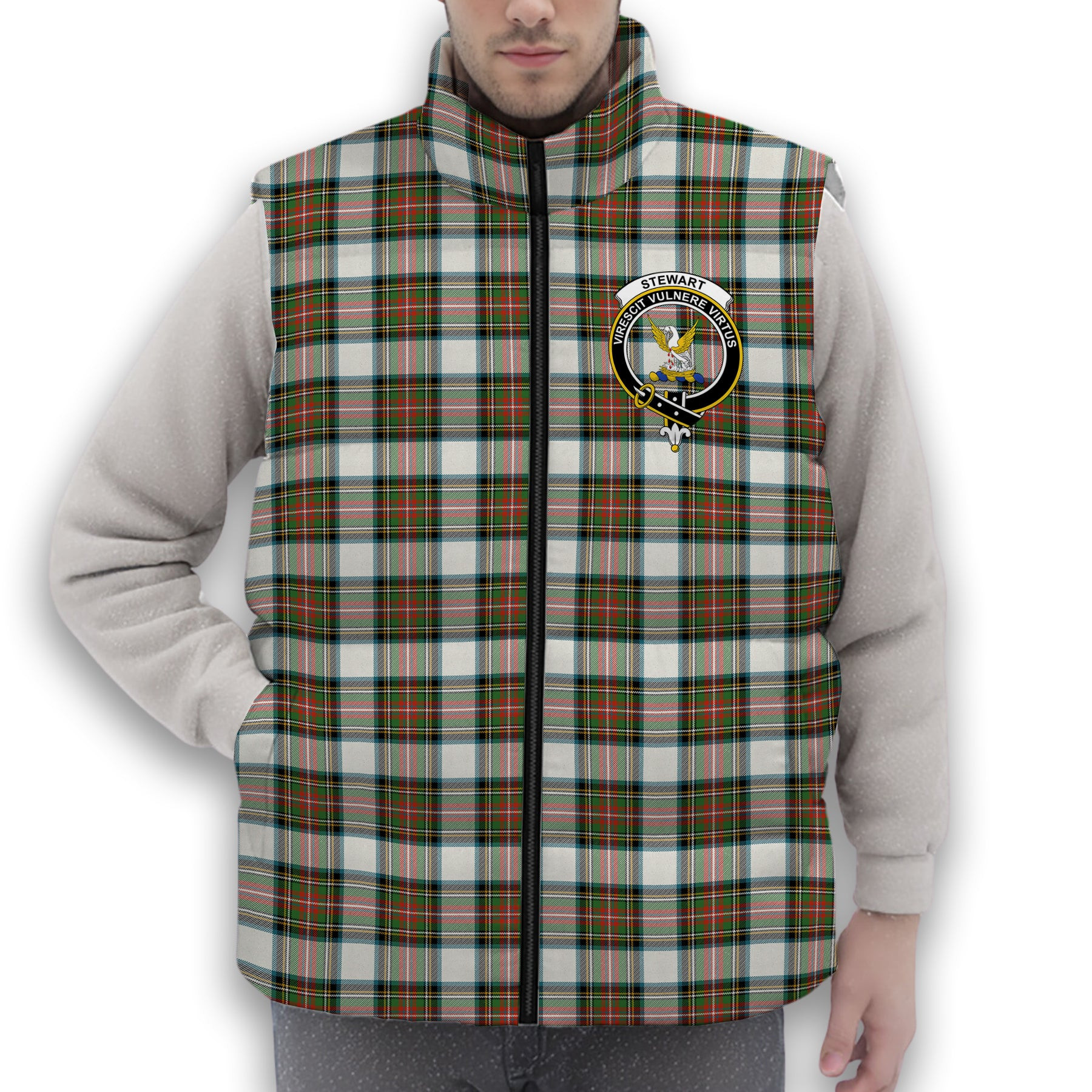 ScotsTee Shop Scottish Stewart Dress Ancient Crest Tartan Puffer Vest Winter White Duck Down Vest Sleeveless