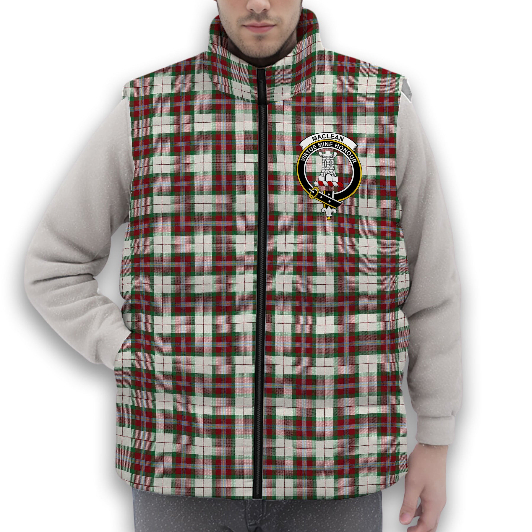 ScotsTee Shop Scottish MacLean Dress Ancient Crest Tartan Puffer Vest Winter White Duck Down Vest Sleeveless
