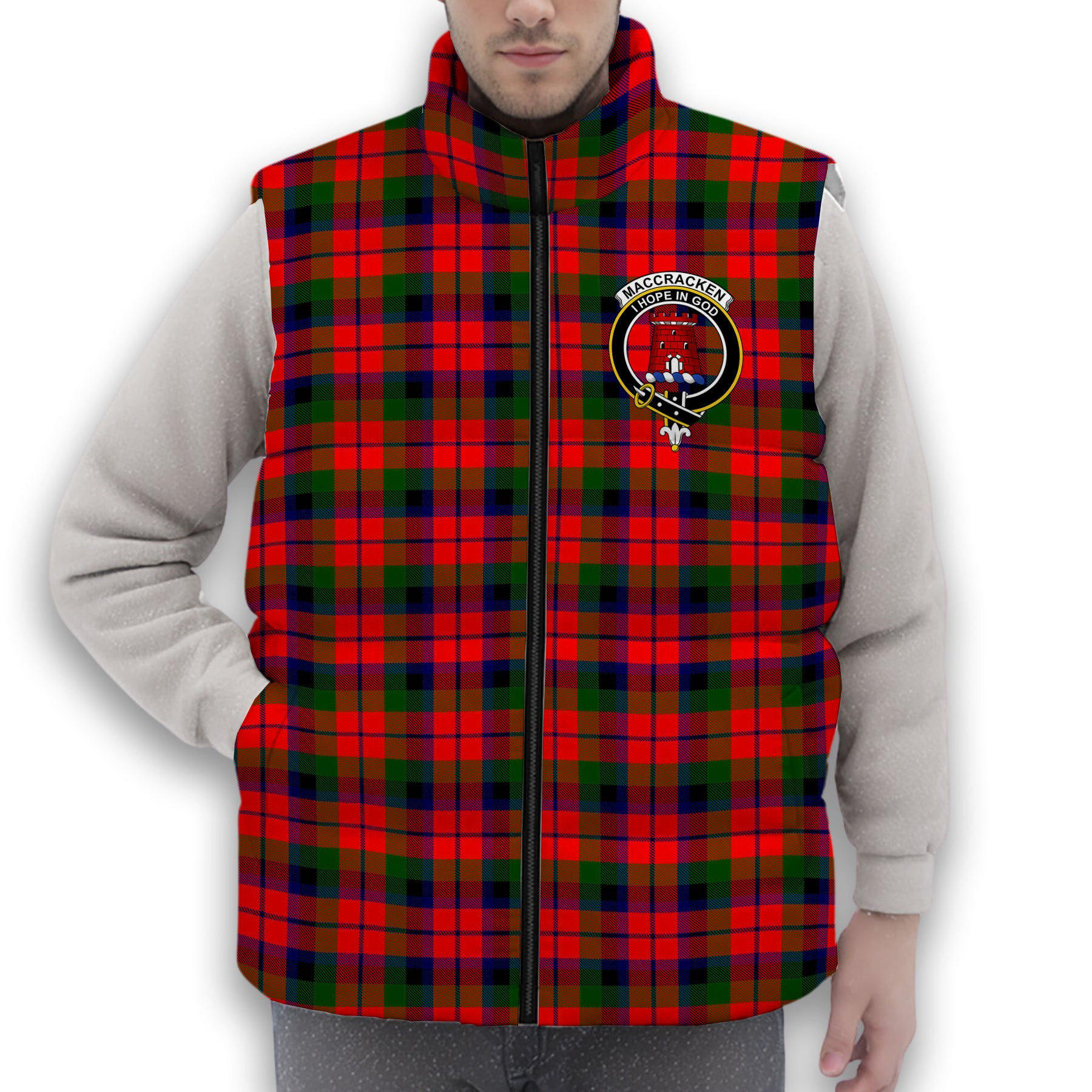 ScotsTee Shop Scottish MacCracken Modern Crest Tartan Puffer Vest Winter White Duck Down Vest Sleeveless