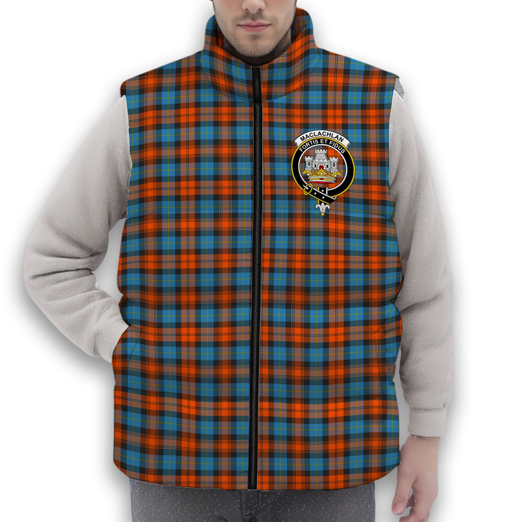 ScotsTee Shop Scottish MacLachlan Ancient Crest Tartan Puffer Vest Winter White Duck Down Vest Sleeveless
