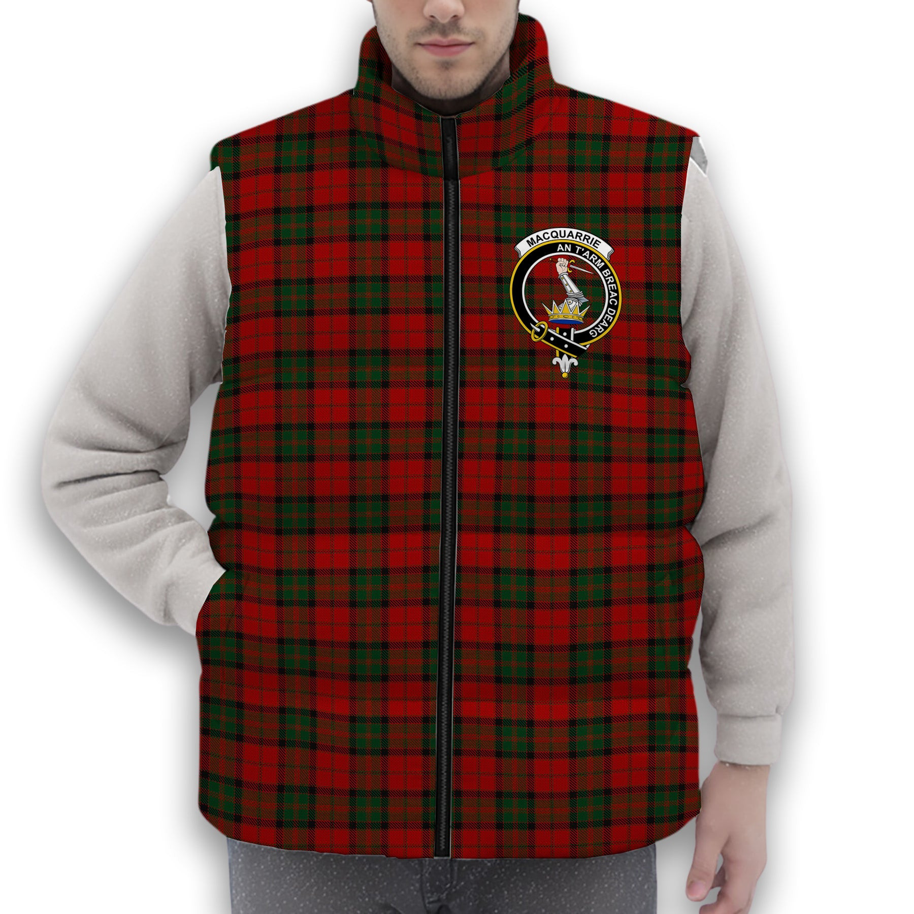 ScotsTee Shop Scottish MacQuarrie 7 Crest Tartan Puffer Vest Winter White Duck Down Vest Sleeveless