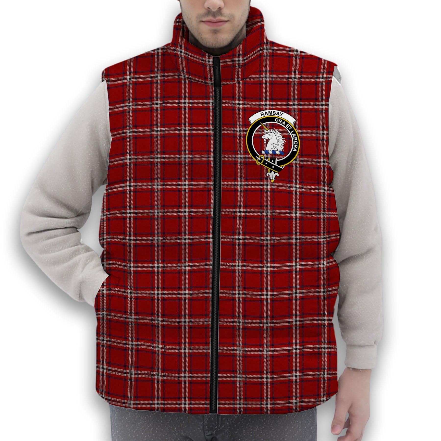 ScotsTee Shop Scottish Ramsay Angus & Mearns Crest Tartan Puffer Vest Winter White Duck Down Vest Sleeveless