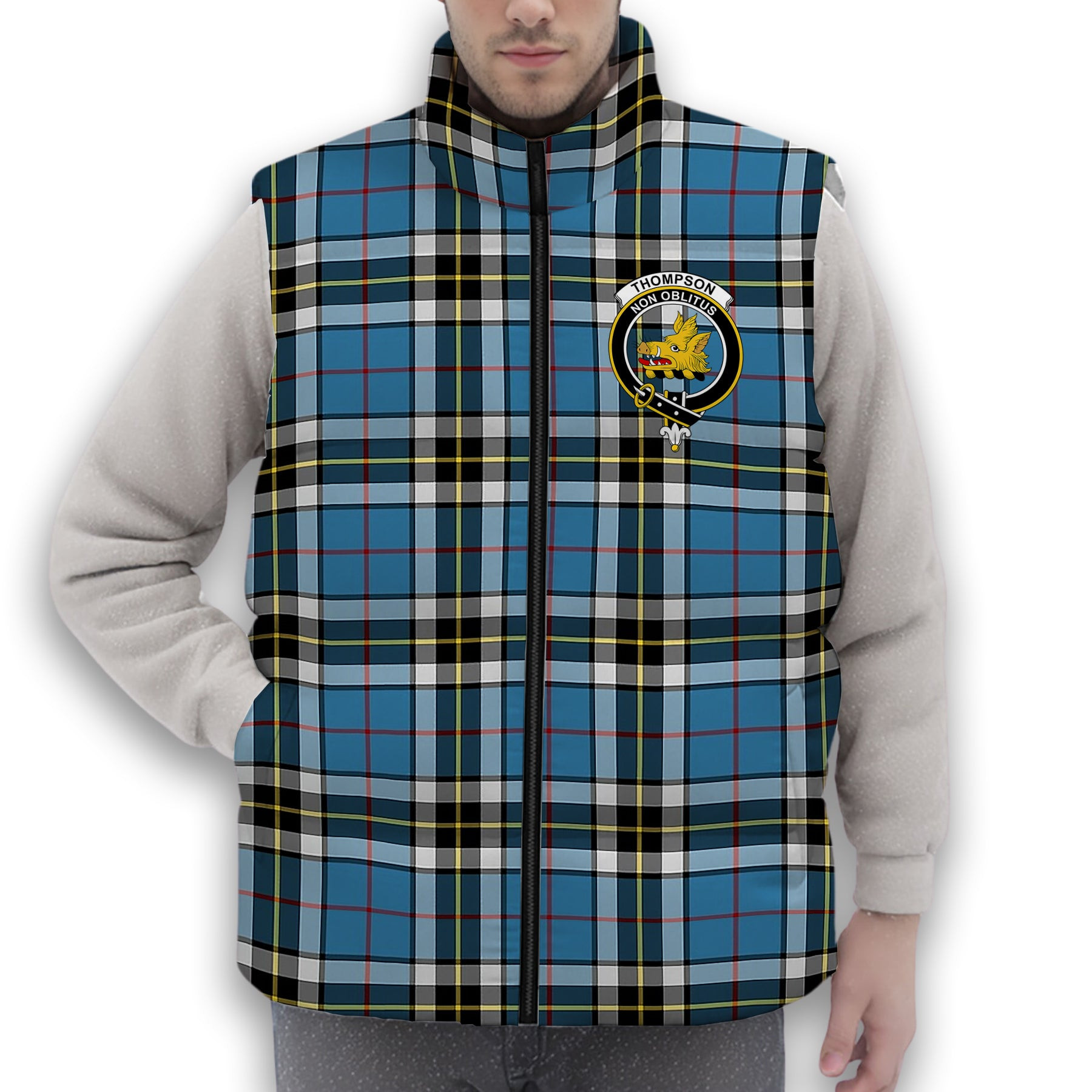 ScotsTee Shop Scottish Thompson Society Crest Tartan Puffer Vest Winter White Duck Down Vest Sleeveless
