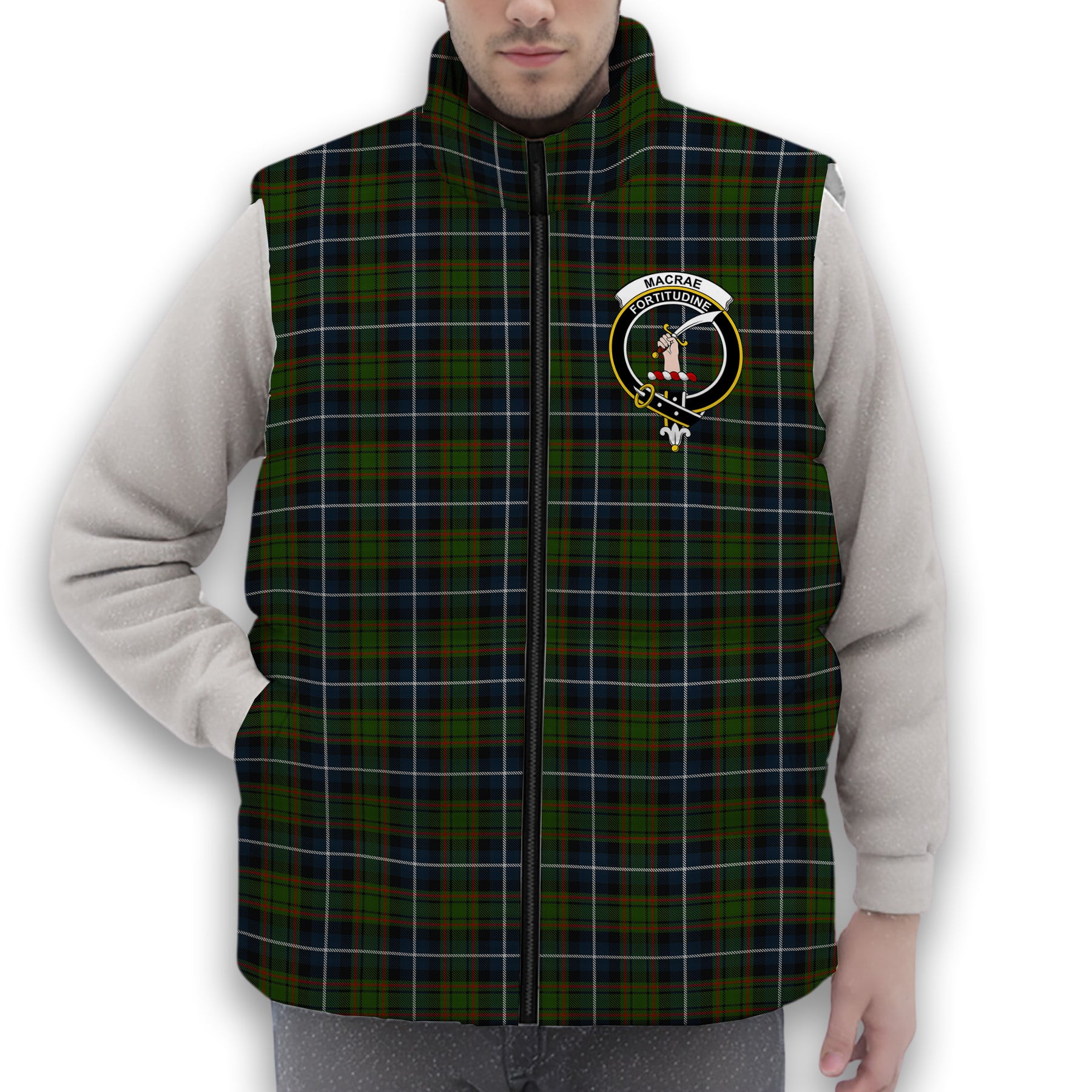 ScotsTee Shop Scottish MacRae Hunting Crest Tartan Puffer Vest Winter White Duck Down Vest Sleeveless