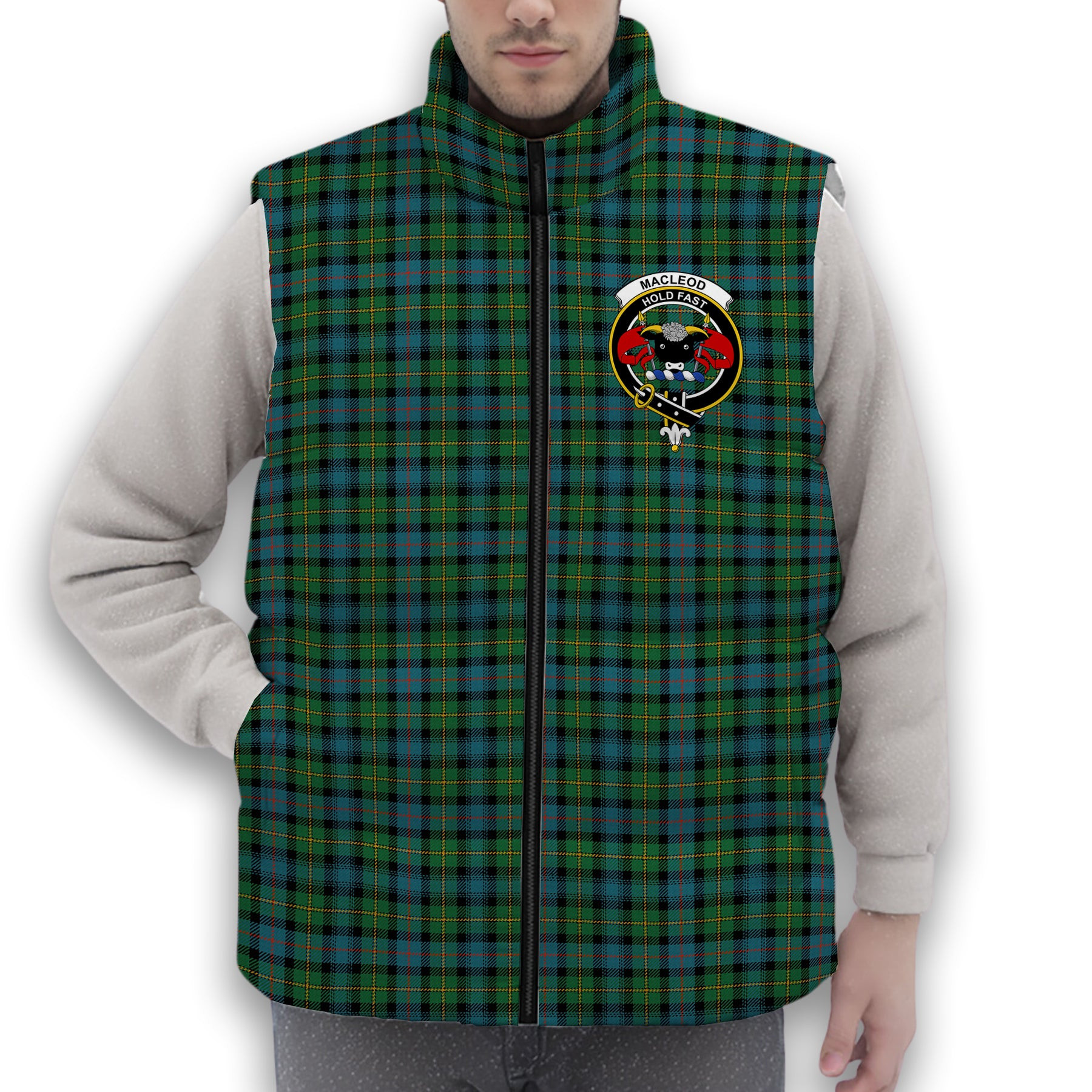 ScotsTee Shop Scottish MacLeod of Skye Ancient Crest Tartan Puffer Vest Winter White Duck Down Vest Sleeveless