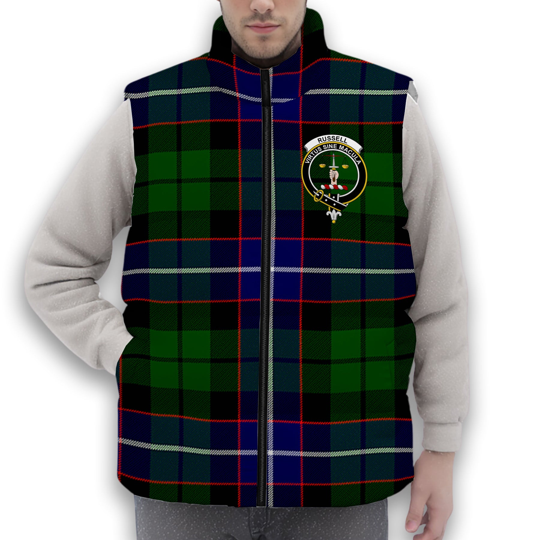 ScotsTee Shop Scottish Russell SC Crest Tartan Puffer Vest Winter White Duck Down Vest Sleeveless