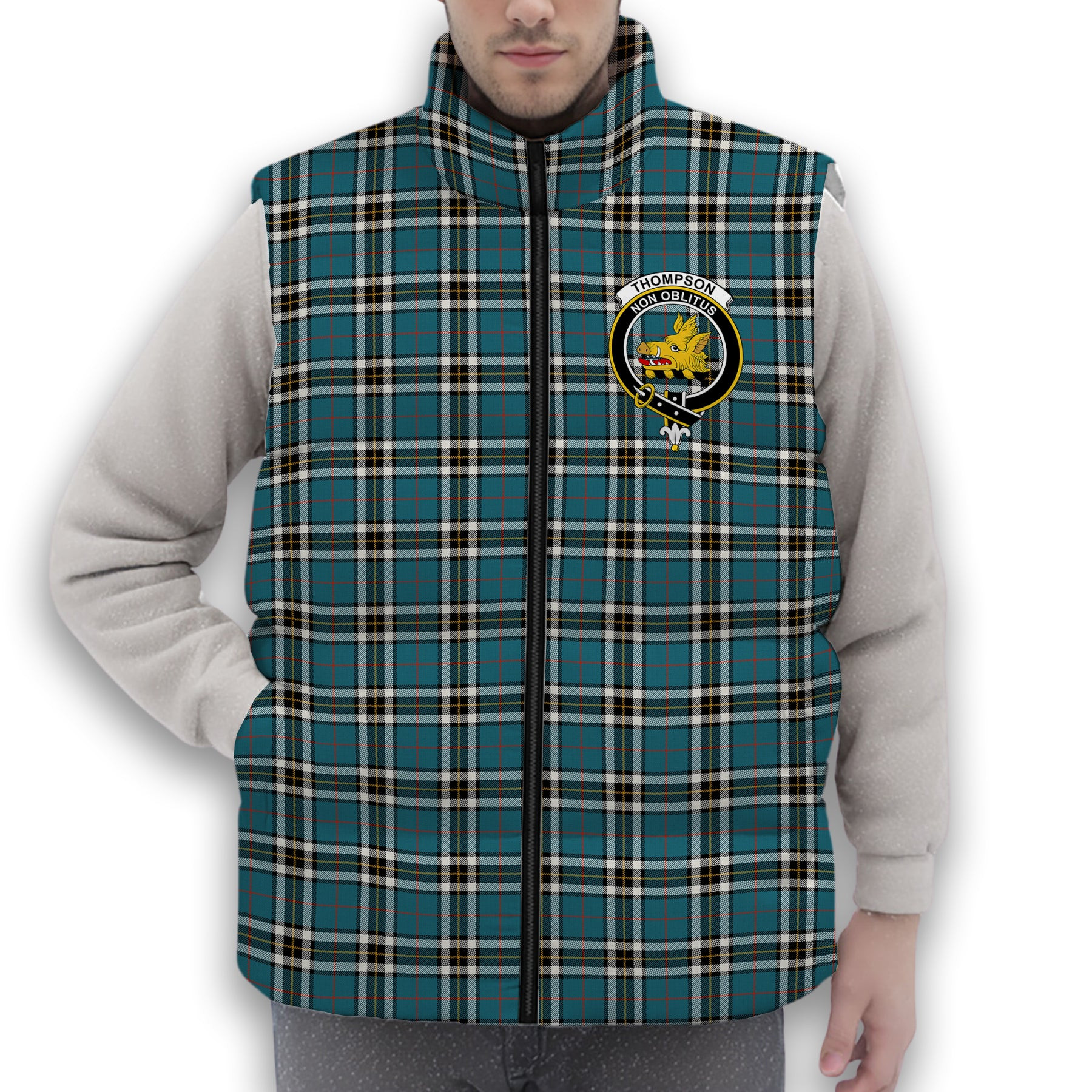 ScotsTee Shop Scottish Thompson Dress Blue Ancient Crest Tartan Puffer Vest Winter White Duck Down Vest Sleeveless
