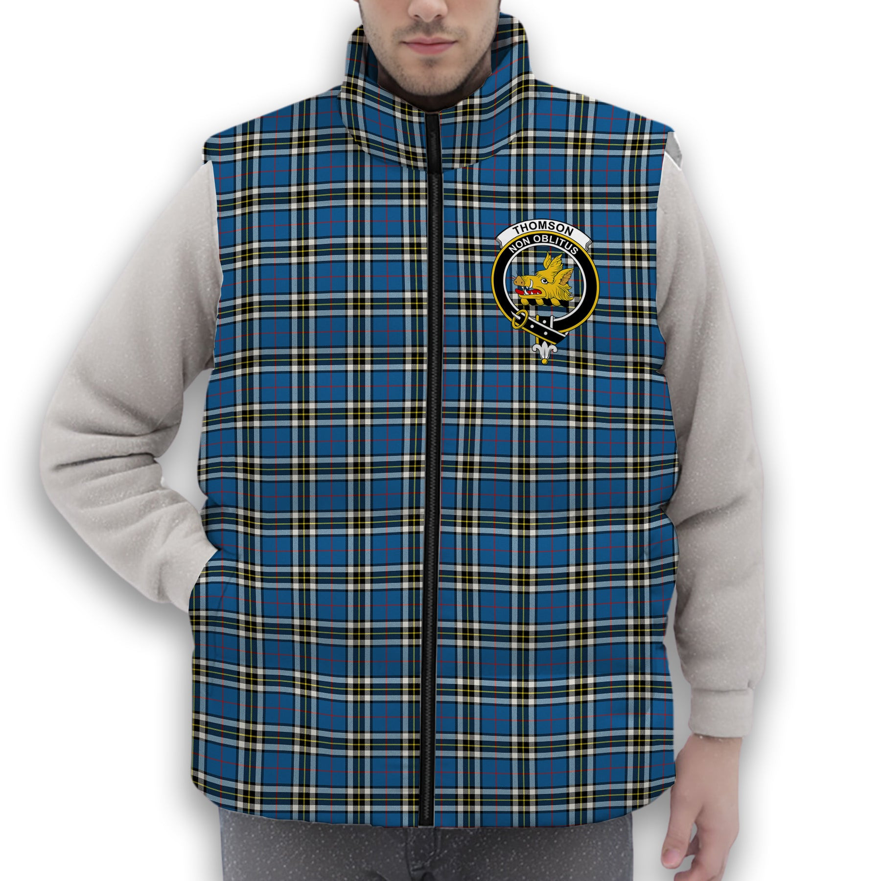 ScotsTee Shop Scottish Thomson Blue Modern Clan Crest Tartan Puffer Vest Winter White Duck Down Vest Sleeveless