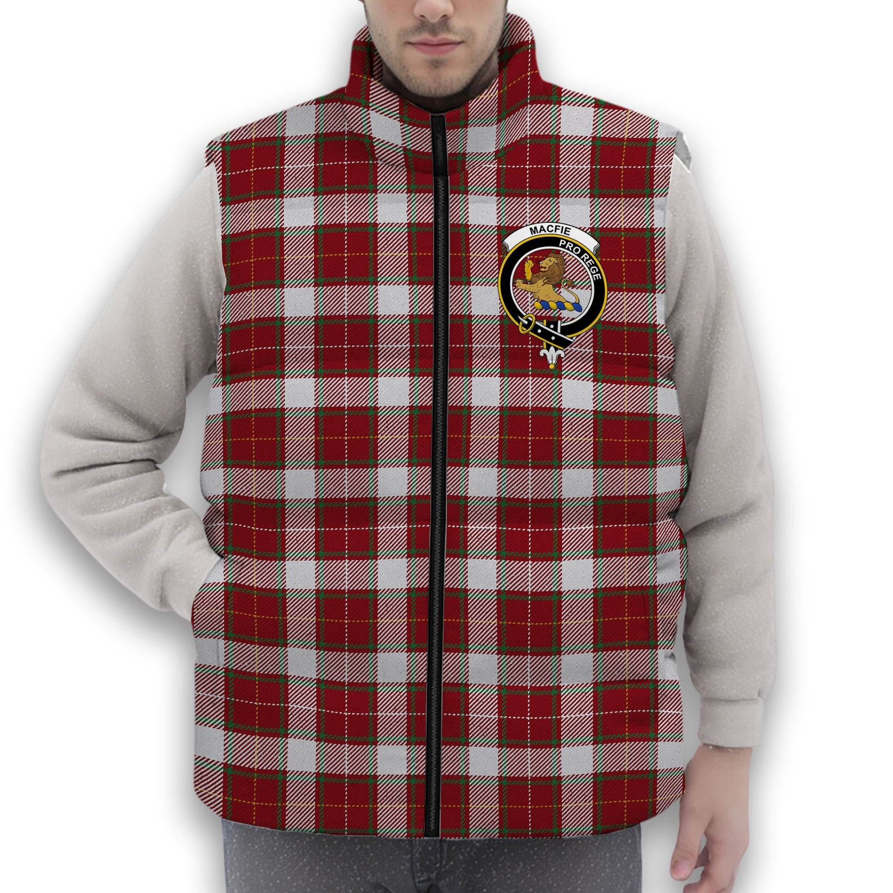 ScotsTee Shop Scottish MacFie Dress Ancient Crest Tartan Puffer Vest Winter White Duck Down Vest Sleeveless