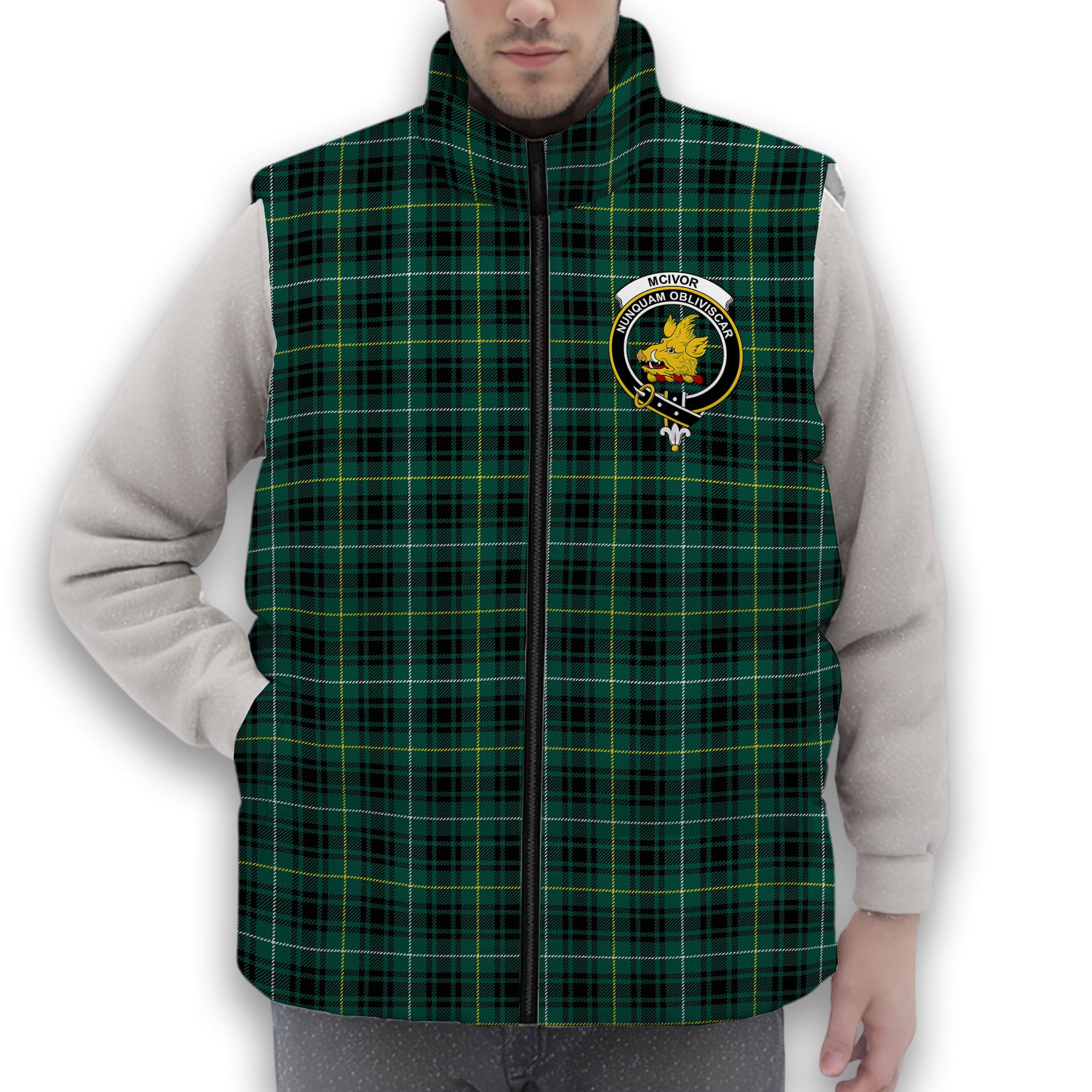 ScotsTee Shop Scottish McIvor Hunting Modern Crest Tartan Puffer Vest Winter White Duck Down Vest Sleeveless