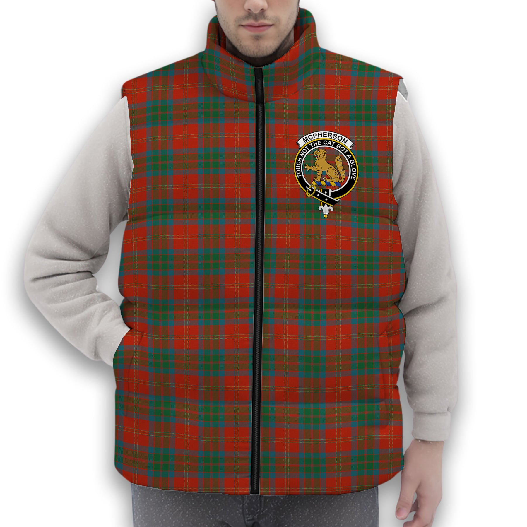 ScotsTee Shop Scottish McPherson of Cluny Ancient Crest Tartan Puffer Vest Winter White Duck Down Vest Sleeveless