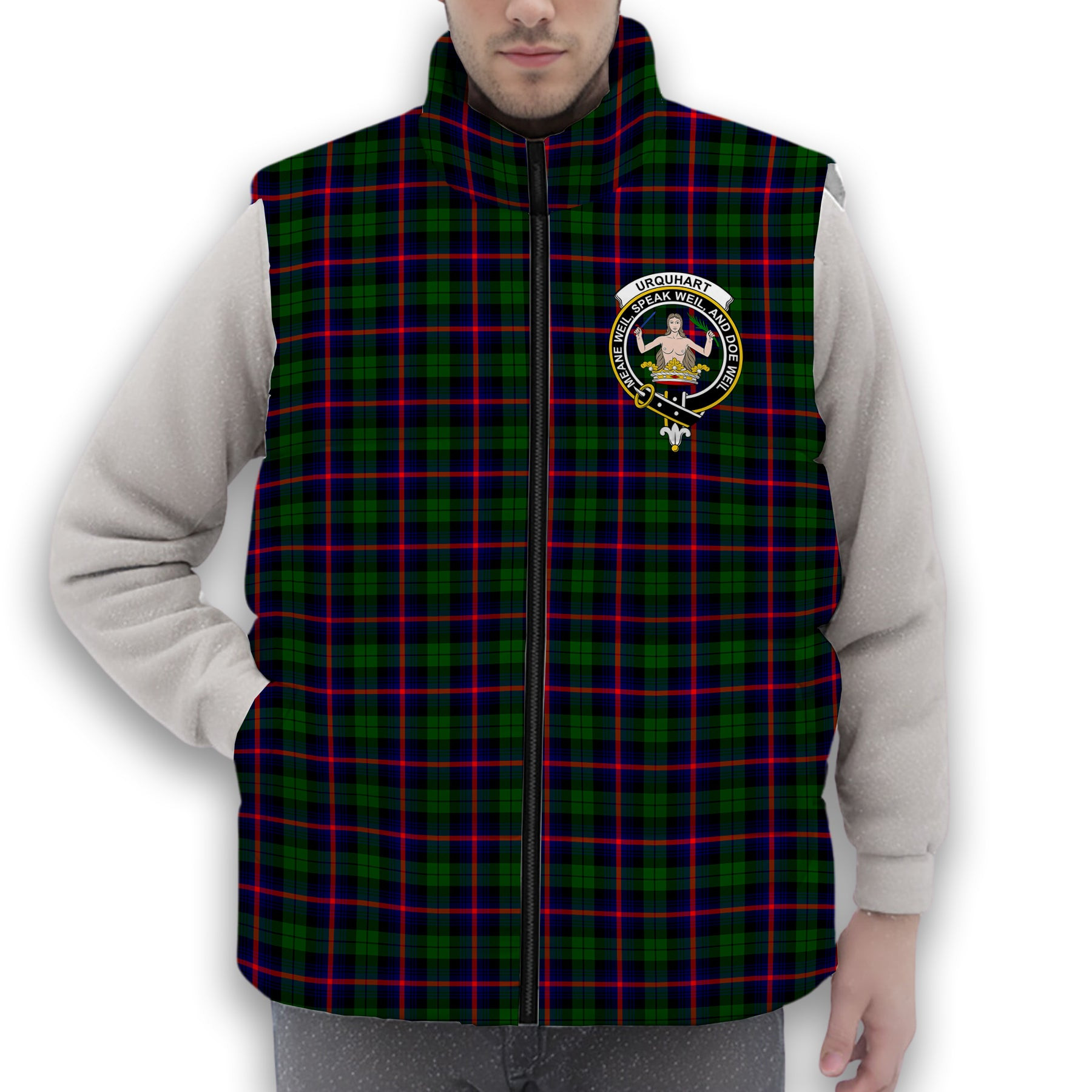 ScotsTee Shop Scottish Urquhart Modern Crest Tartan Puffer Vest Winter White Duck Down Vest Sleeveless