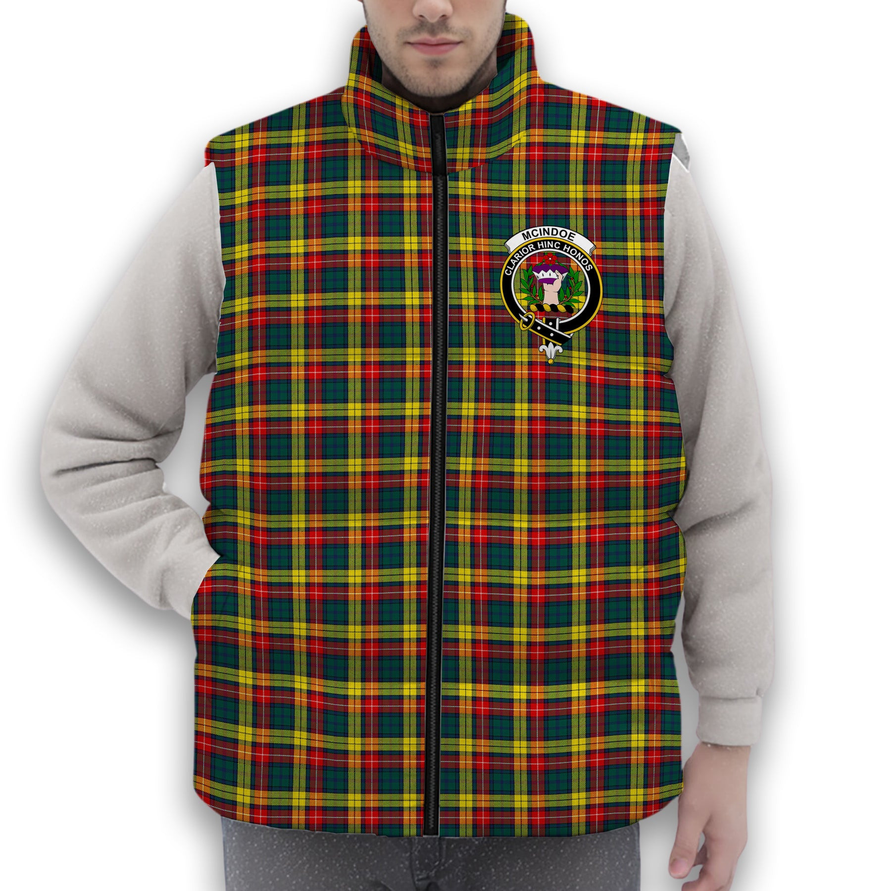 ScotsTee Shop Scottish McIndoe Crest Tartan Puffer Vest Winter White Duck Down Vest Sleeveless
