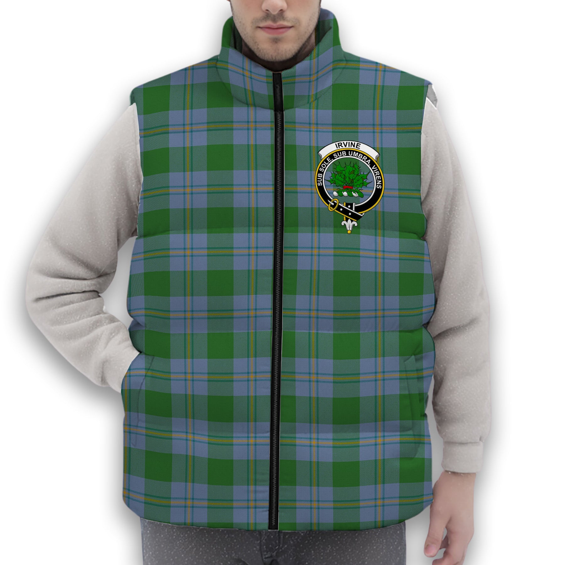 ScotsTee Shop Scottish Irvine of Bonshaw Ancient Crest Tartan Puffer Vest Winter White Duck Down Vest Sleeveless