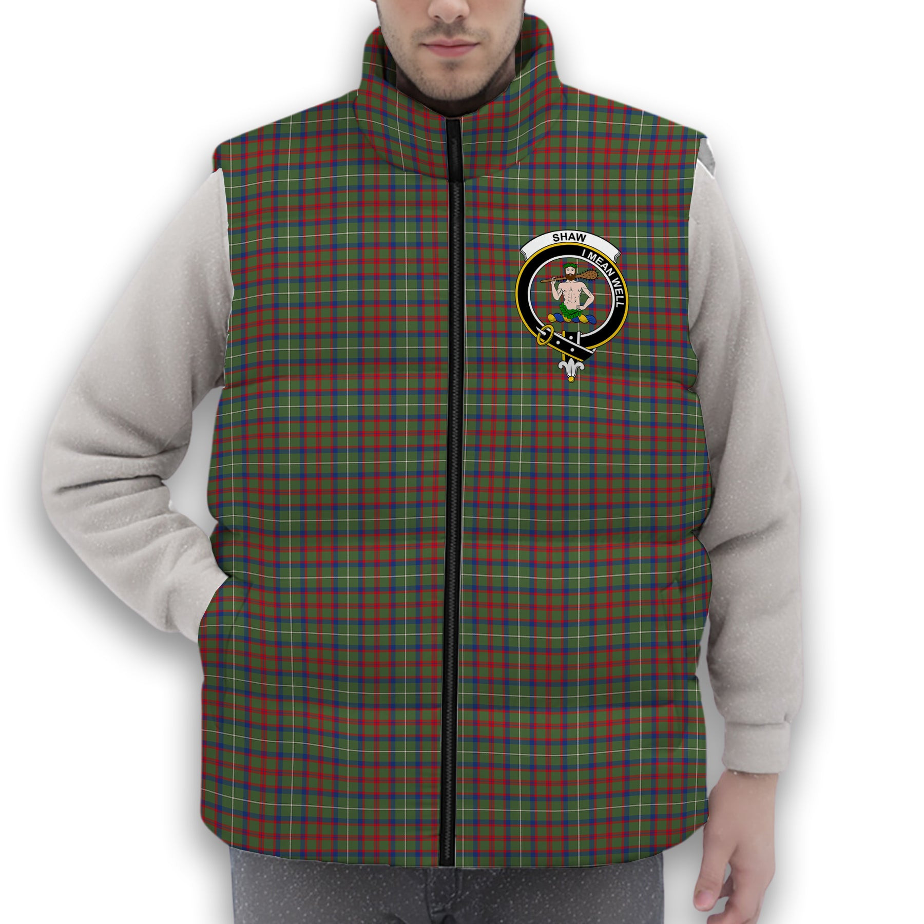 ScotsTee Shop Scottish Shaw Green Modern Crest Tartan Puffer Vest Winter White Duck Down Vest Sleeveless