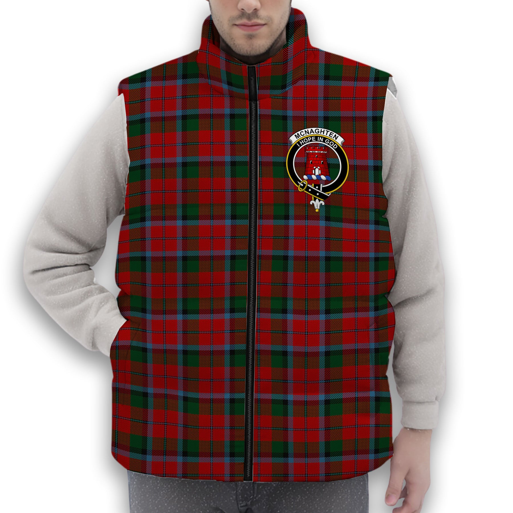 ScotsTee Shop Scottish Mcnaghten Crest Tartan Puffer Vest Winter White Duck Down Vest Sleeveless