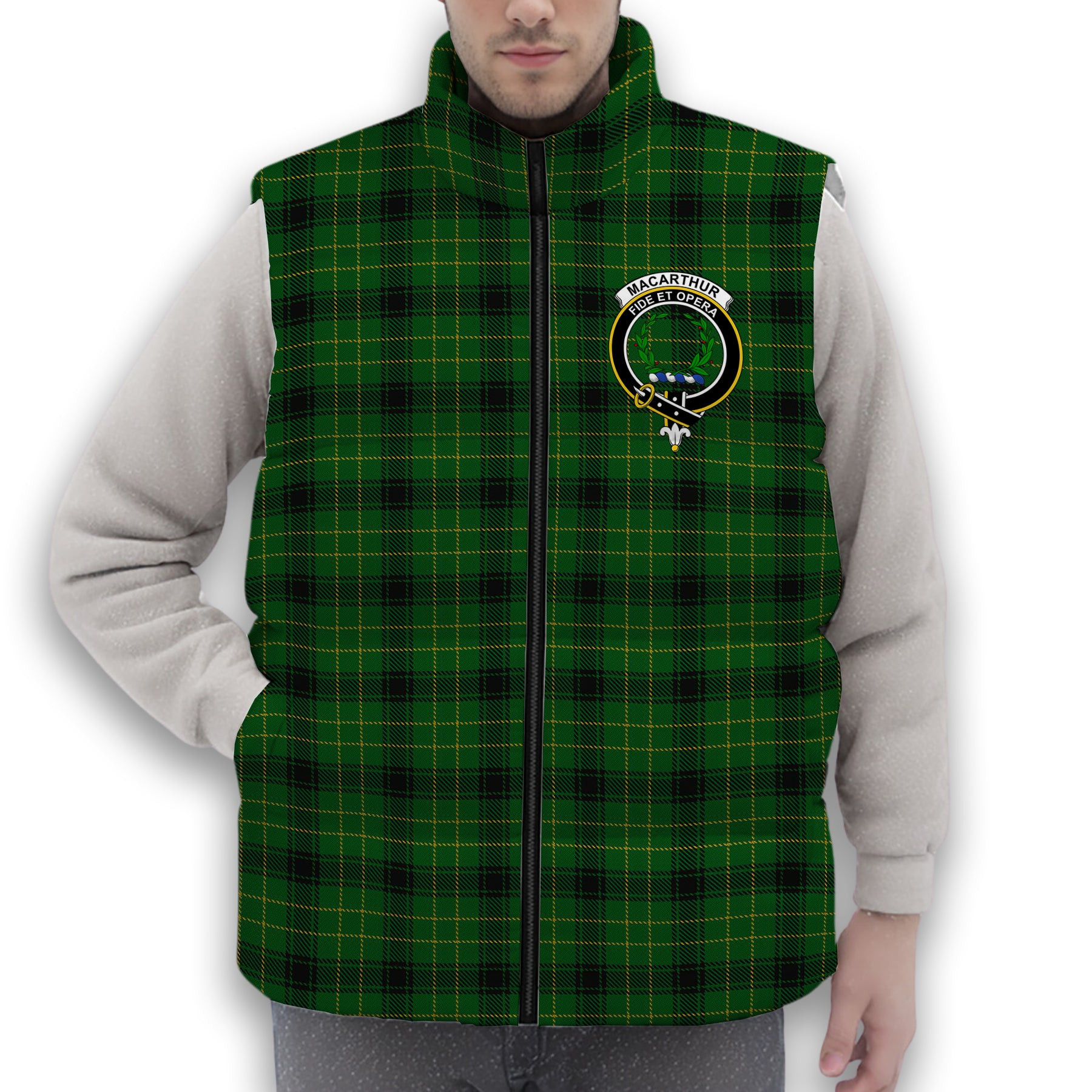 ScotsTee Shop Scottish MacArthur Highland Crest Tartan Puffer Vest Winter White Duck Down Vest Sleeveless
